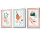 Set of 3 Framed Boho Kitchen Wall Art in Pastel Peach and Mint Green | Artze Wall Art UK