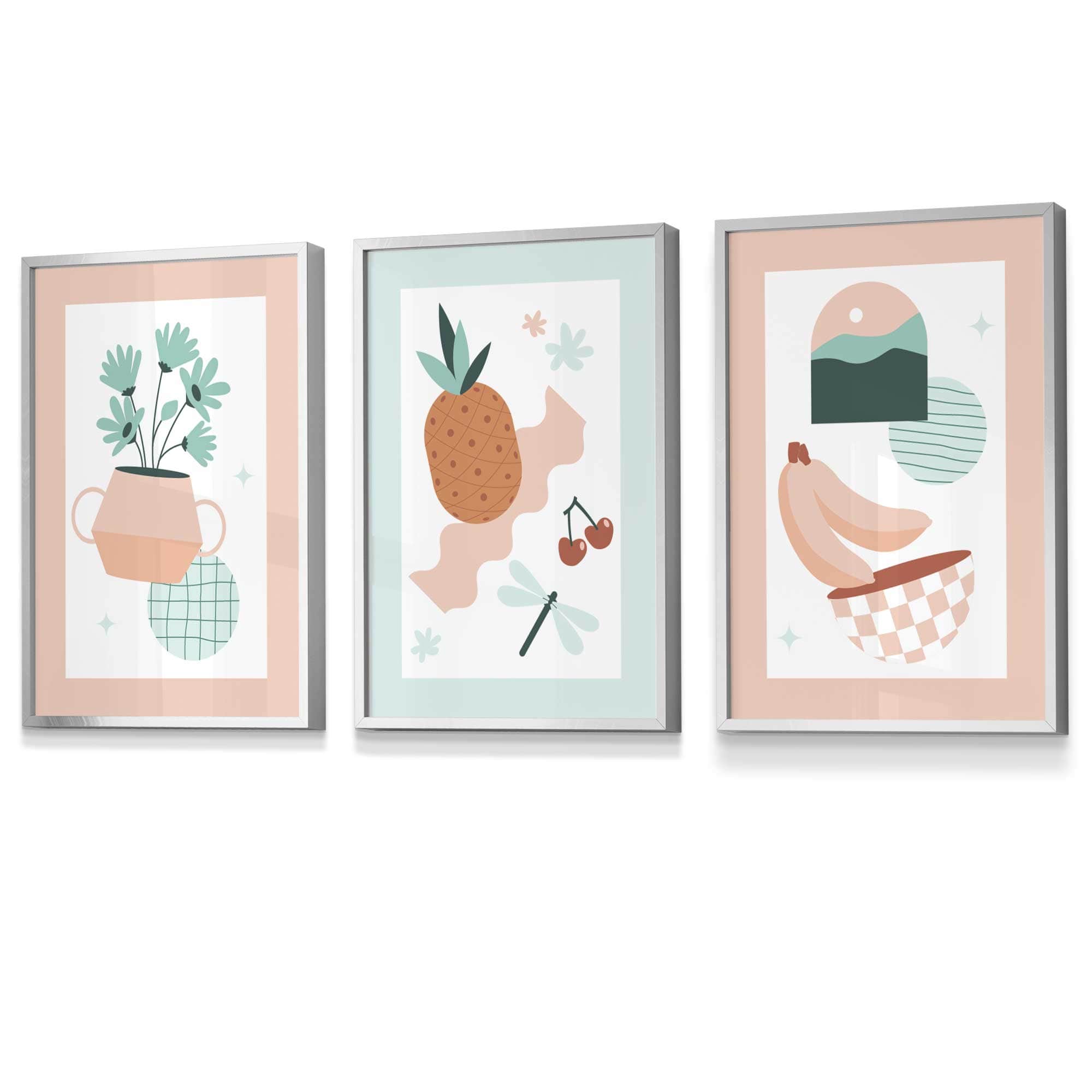 Set of 3 Framed Boho Kitchen Wall Art in Pastel Peach and Mint Green | Artze Wall Art UK