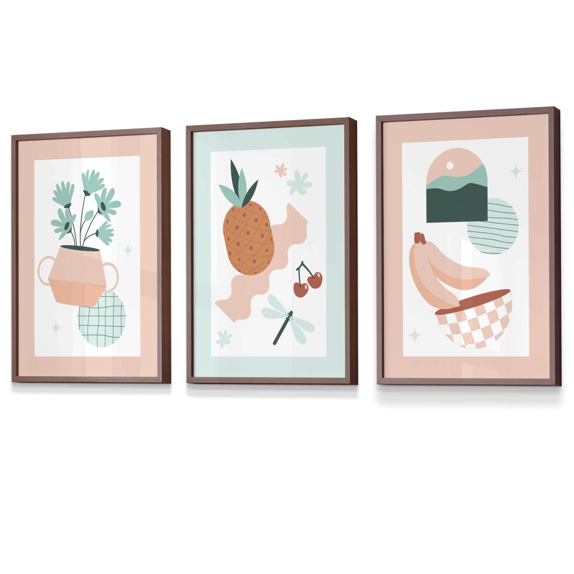 Set of 3 Framed Boho Kitchen Wall Art in Pastel Peach and Mint Green | Artze Wall Art UK