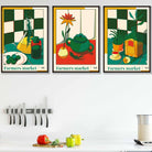 Set of 3 FRAMED Green Red Farmers Market Kitchen Wall Art | Artze Wall Art UK