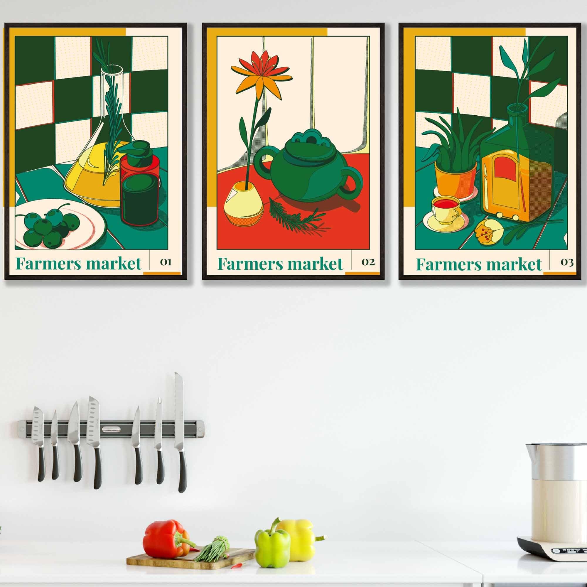 Set of 3 FRAMED Green Red Farmers Market Kitchen Wall Art | Artze Wall Art UK
