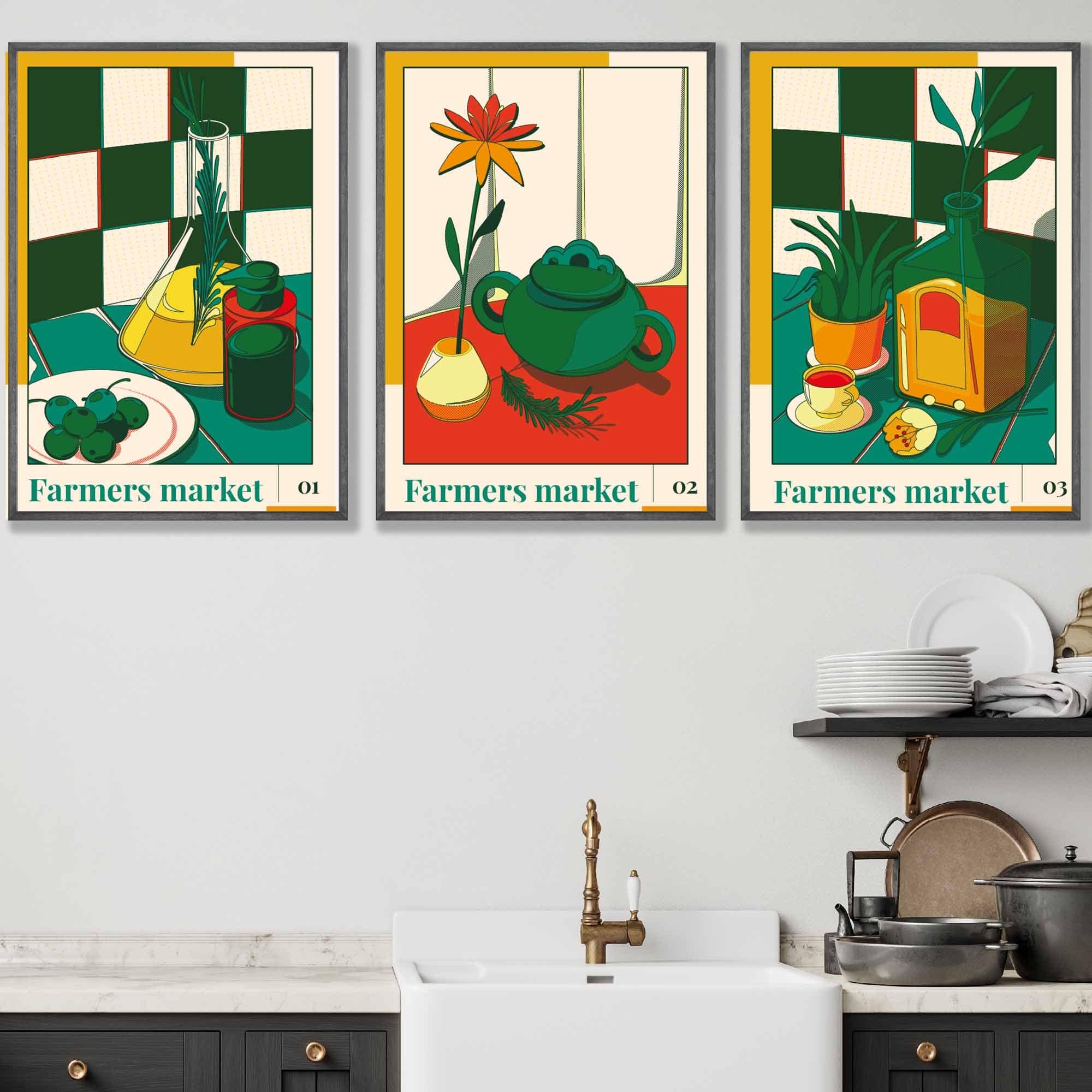Set of 3 Contemporary Green Red Farmers Market Kitchen Wall Art