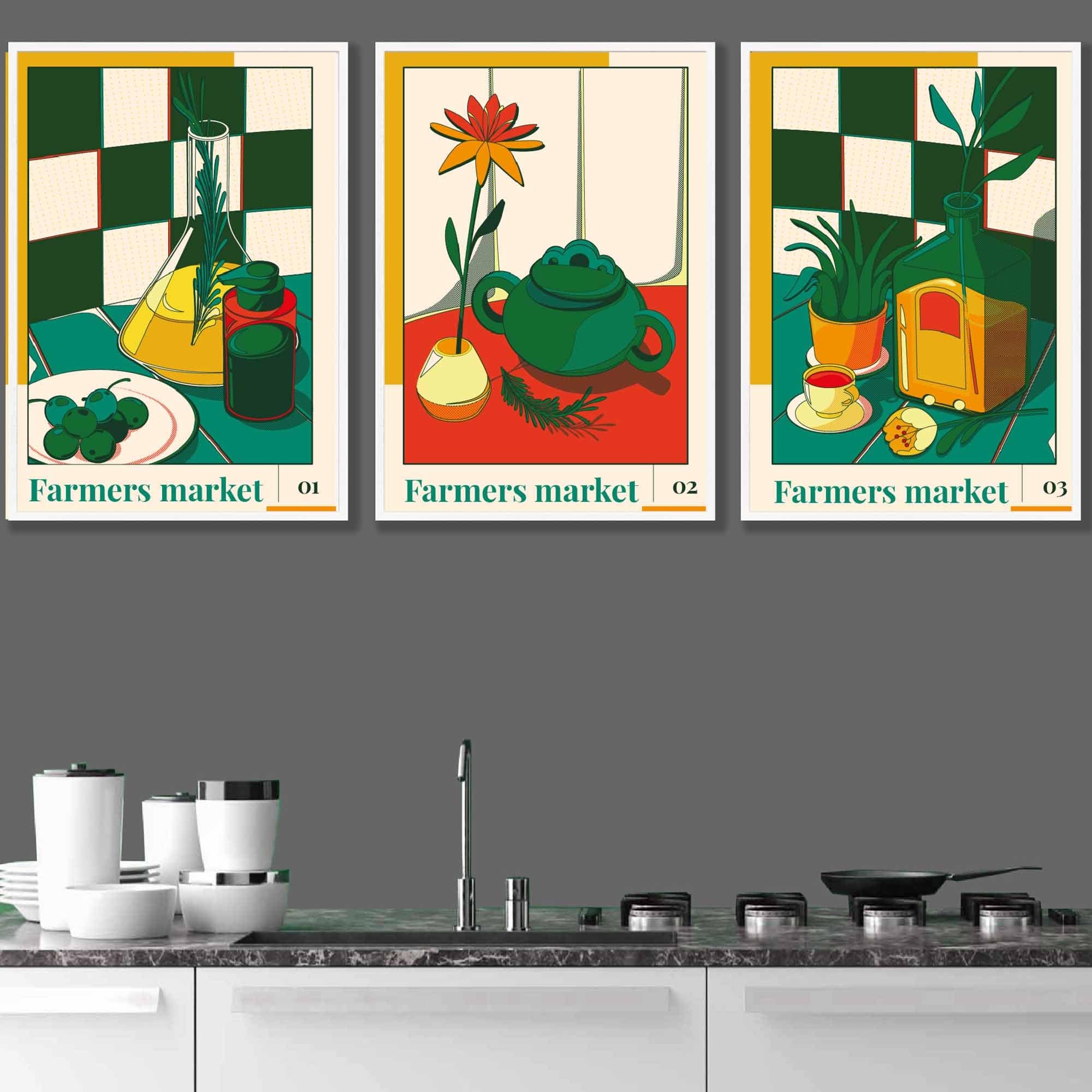 Set of 3 FRAMED Green Red Farmers Market Kitchen Wall Art | Artze Wall Art UK