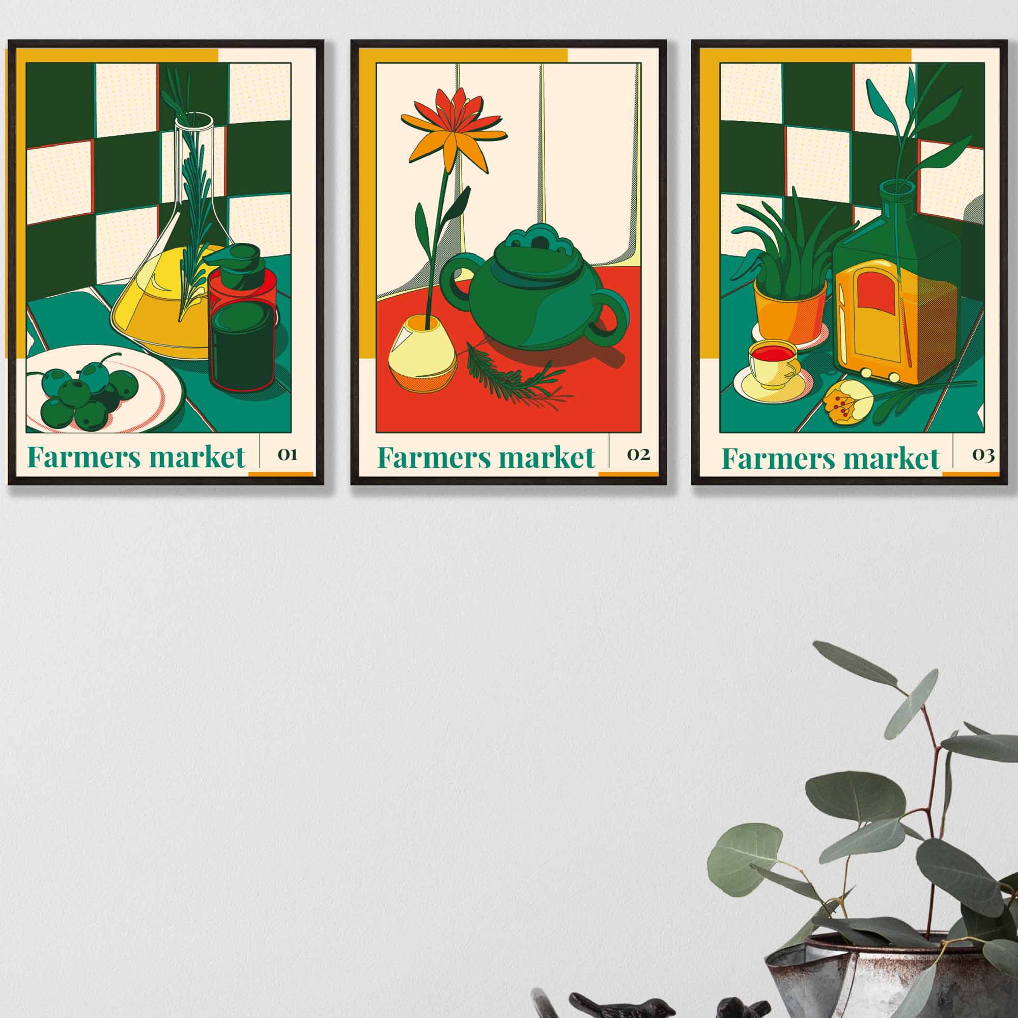 Set of 3 Contemporary Green Red Farmers Market Kitchen Wall Art