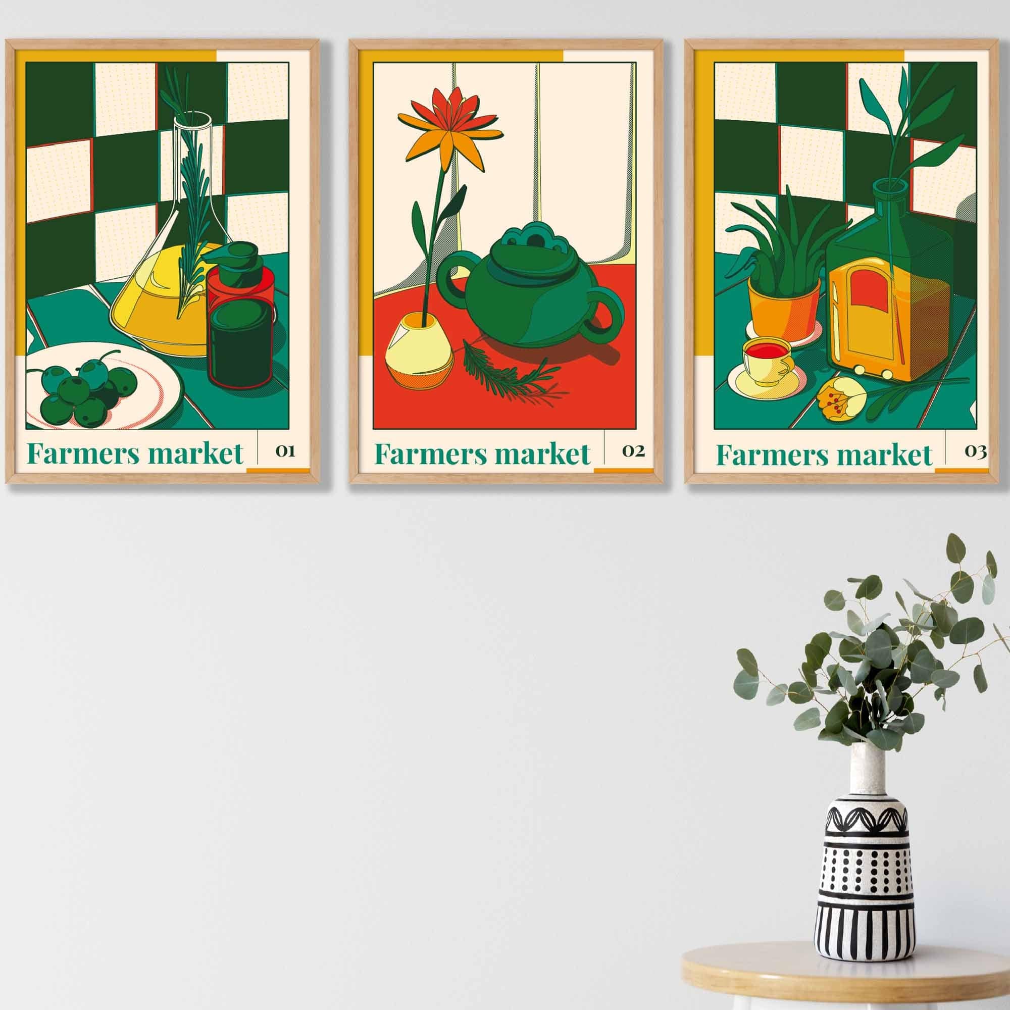 Set of 3 Contemporary Green Red Farmers Market Kitchen Wall Art