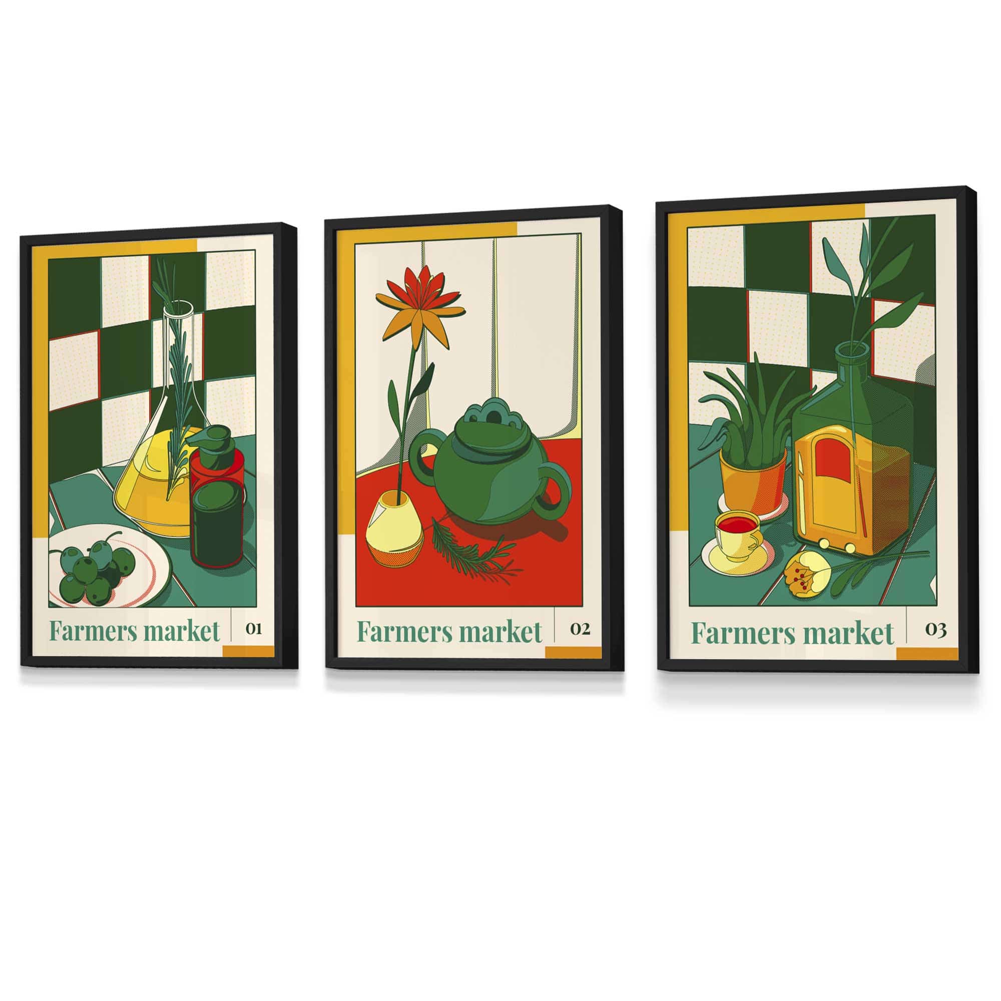 Set of 3 FRAMED Green Red Farmers Market Kitchen Wall Art | Artze Wall Art UK