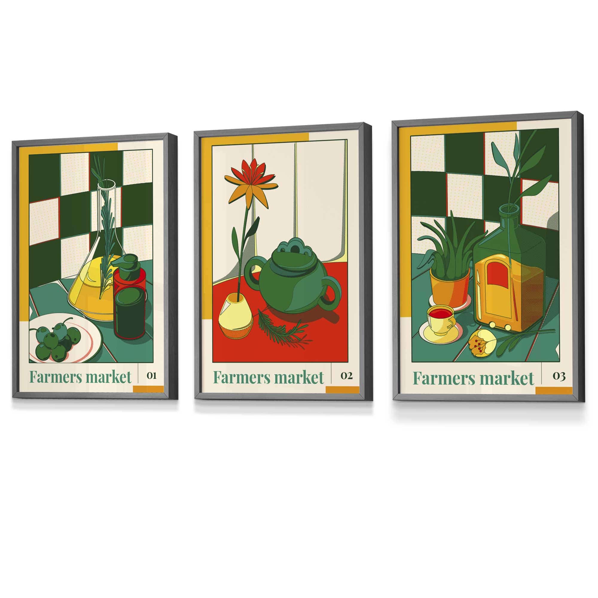 Set of 3 FRAMED Green Red Farmers Market Kitchen Wall Art | Artze Wall Art UK