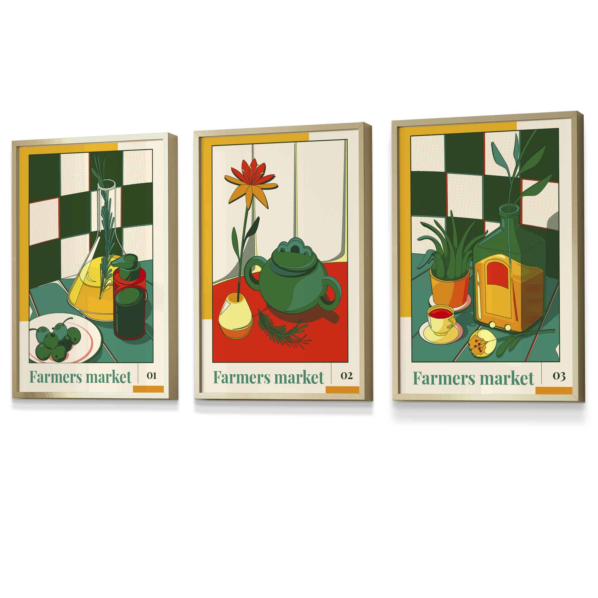 Set of 3 FRAMED Green Red Farmers Market Kitchen Wall Art | Artze Wall Art UK