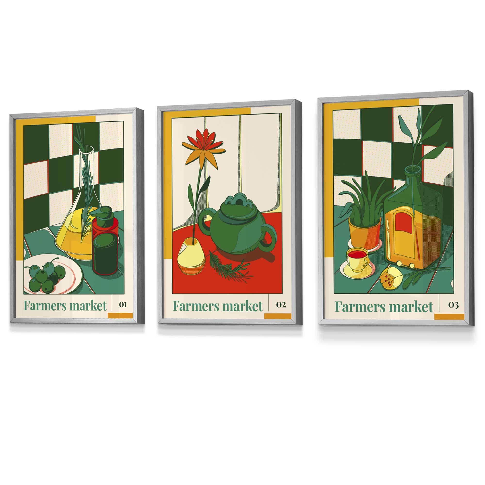 Set of 3 FRAMED Green Red Farmers Market Kitchen Wall Art | Artze Wall Art UK