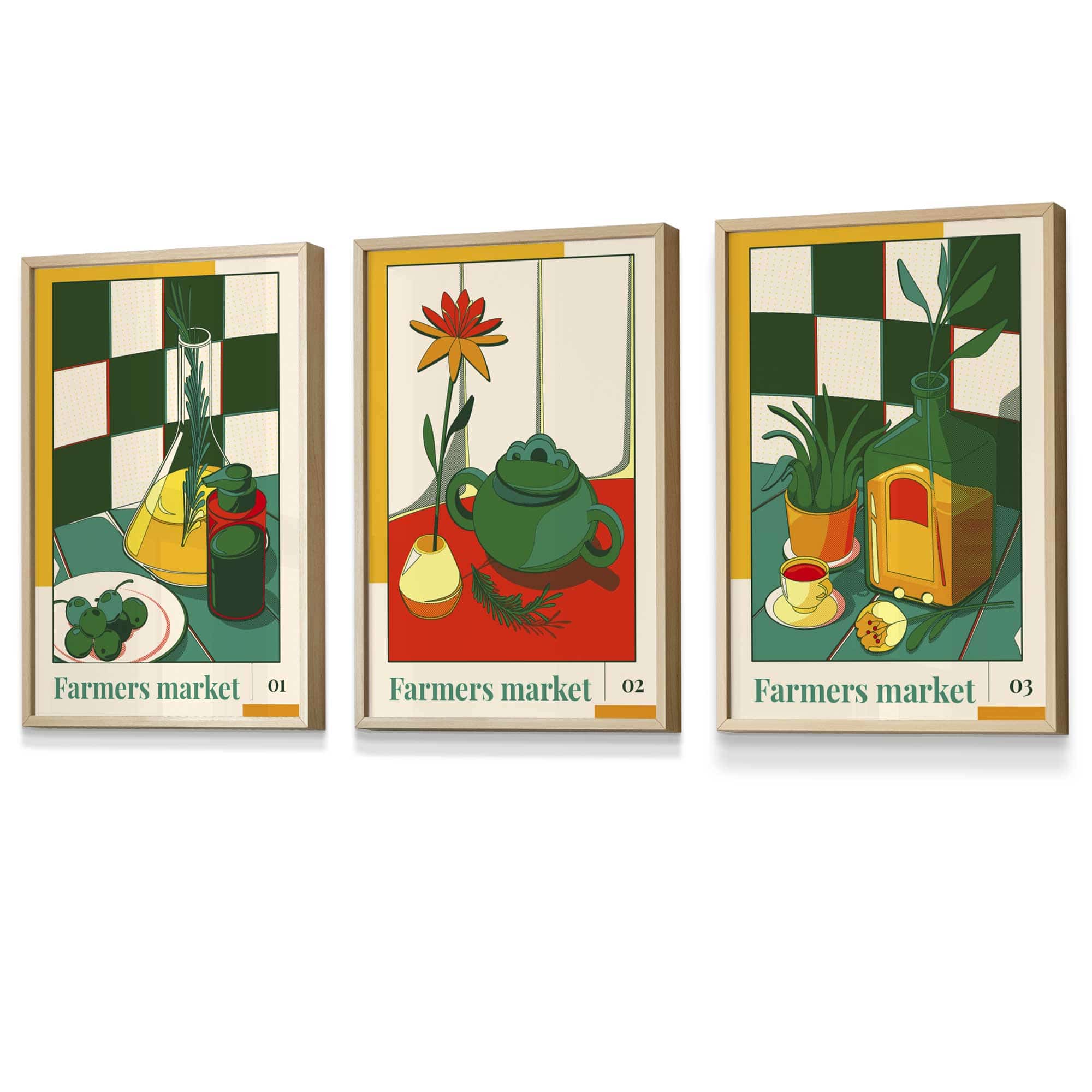 Set of 3 FRAMED Green Red Farmers Market Kitchen Wall Art | Artze Wall Art UK