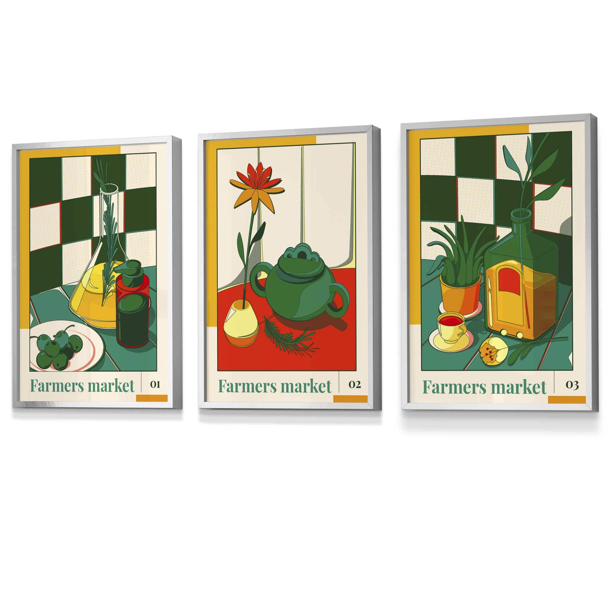 Set of 3 FRAMED Green Red Farmers Market Kitchen Wall Art | Artze Wall Art UK