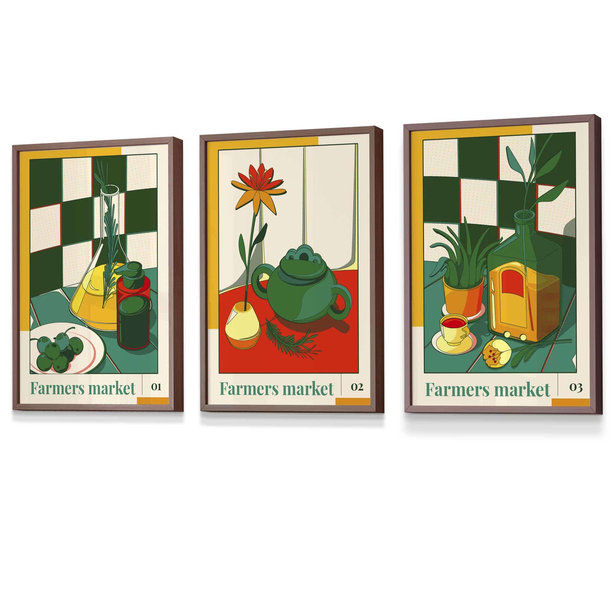 Set of 3 FRAMED Green Red Farmers Market Kitchen Wall Art | Artze Wall Art UK