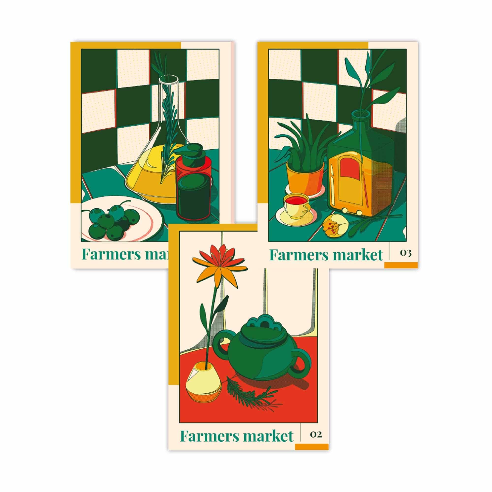 Set of 3 Contemporary Green Red Farmers Market Kitchen Wall Art