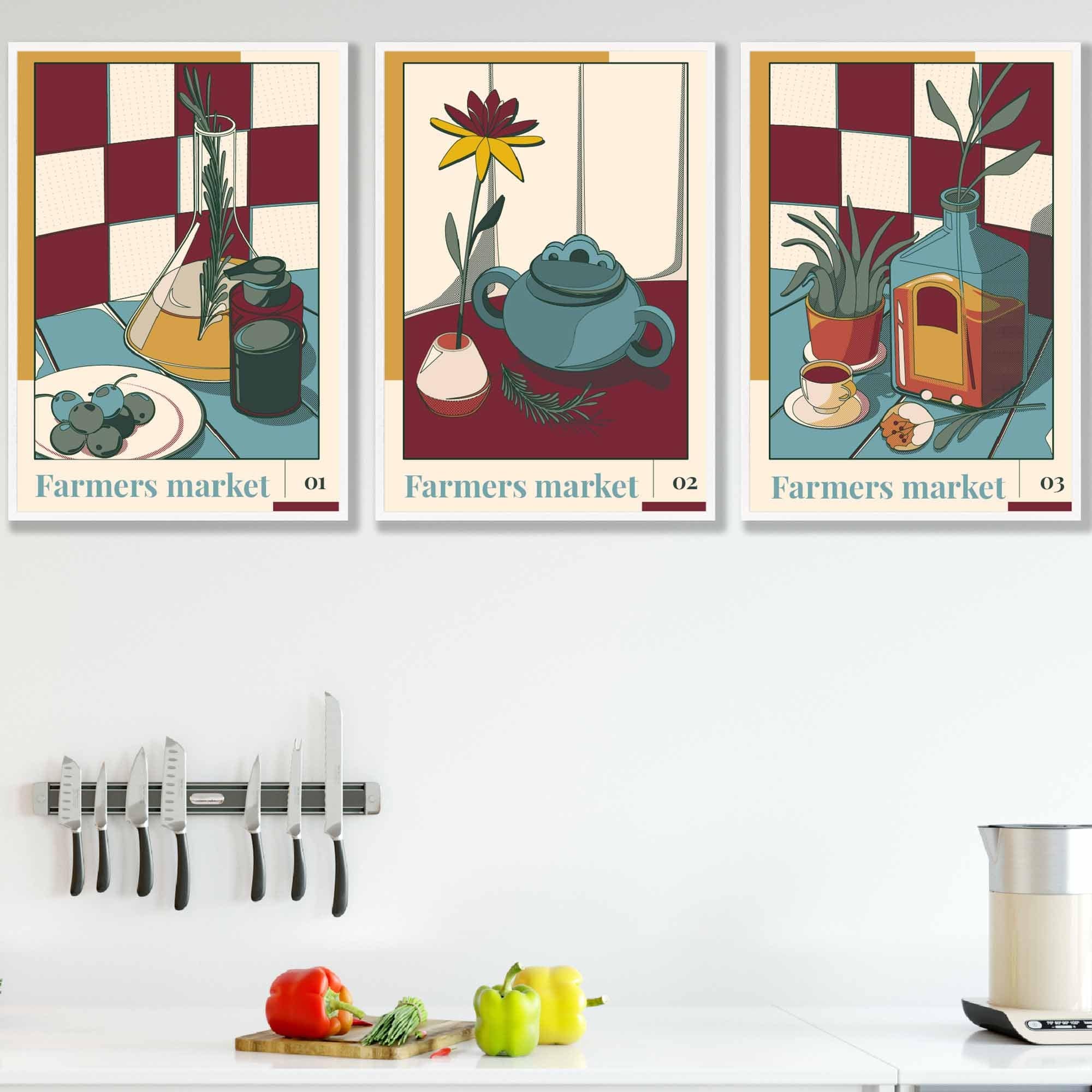 Set of 3 Vintage Kitchen Damson Red, Blue and Yellow Wall Art Prints