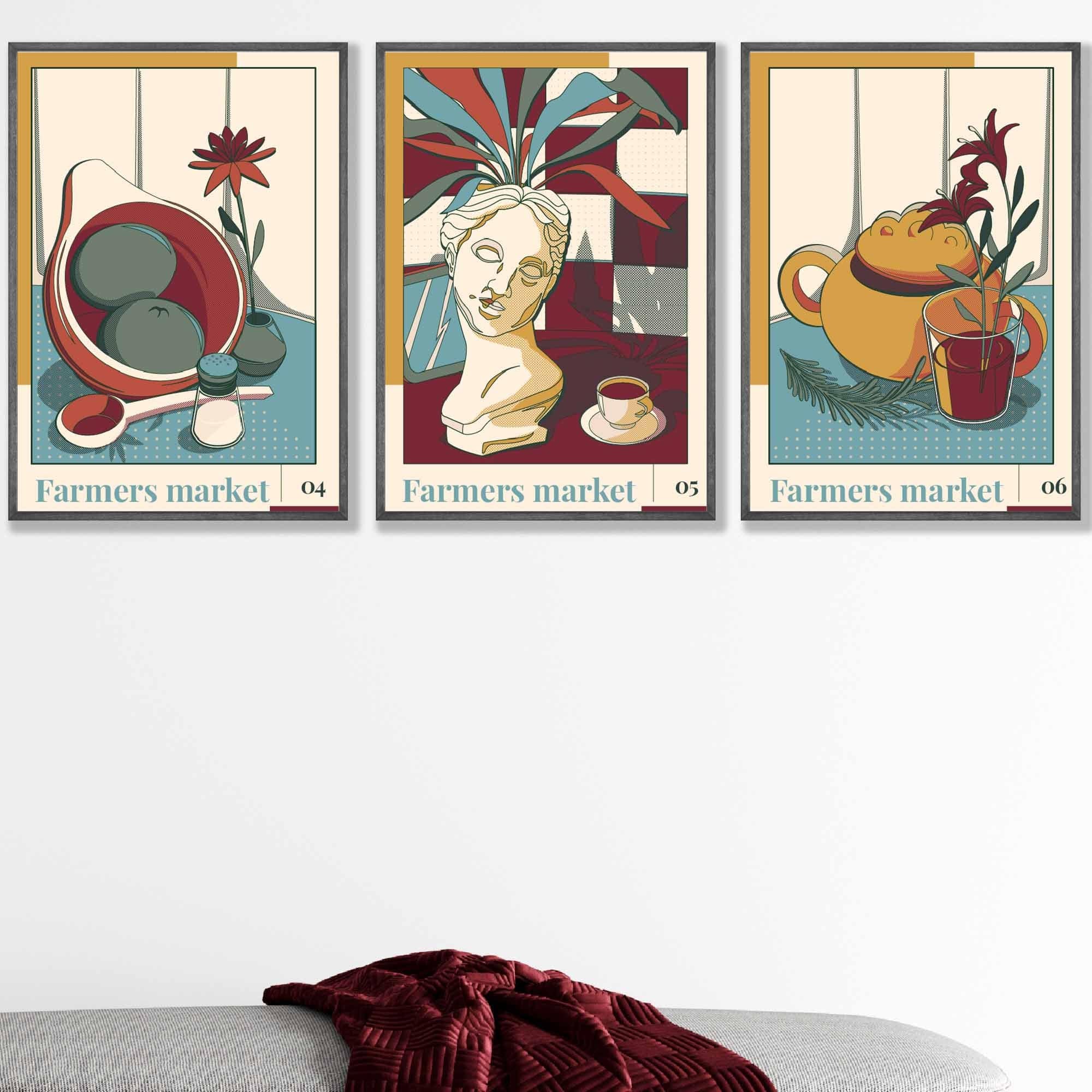 Set of 3 Contemporary Plum Red and Blue Farmers Market Kitchen Wall Art 2