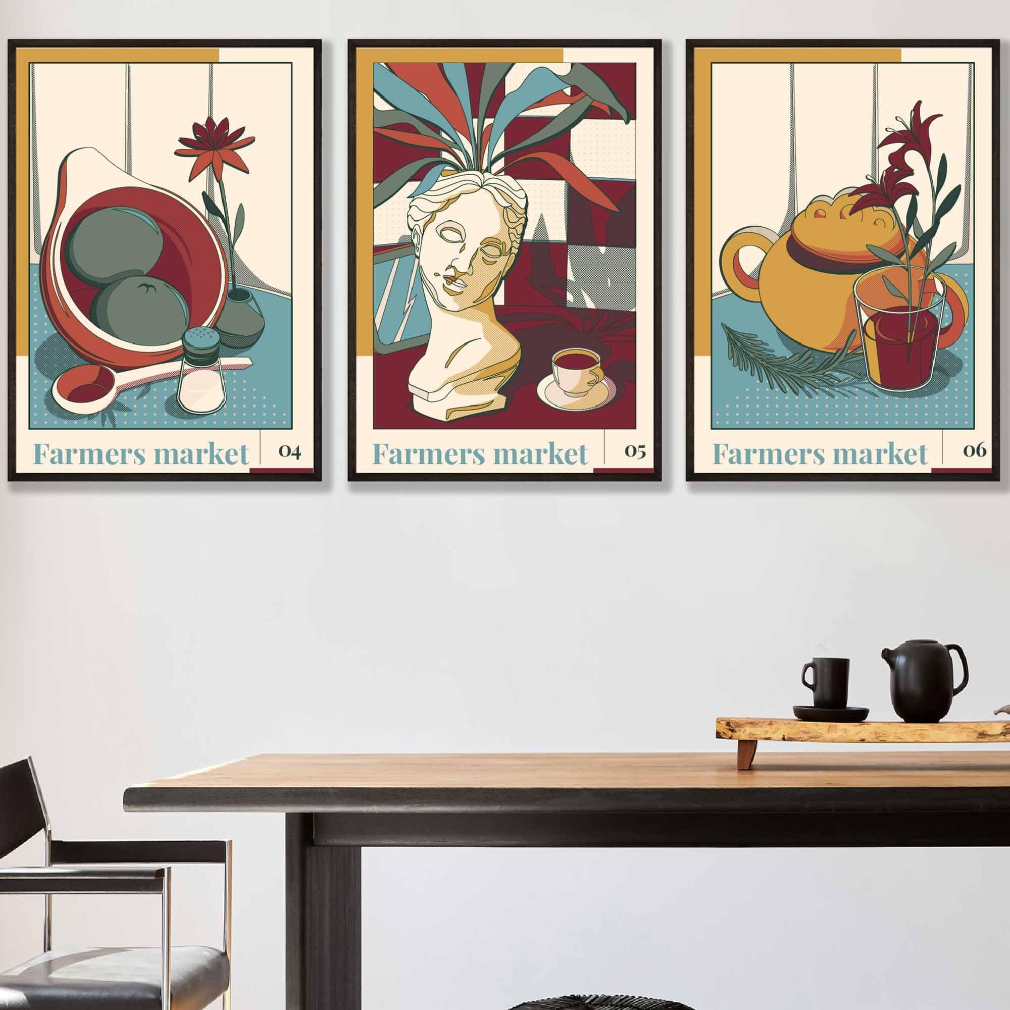 Set of 3 Contemporary Plum Red and Blue Farmers Market Kitchen Wall Art 2