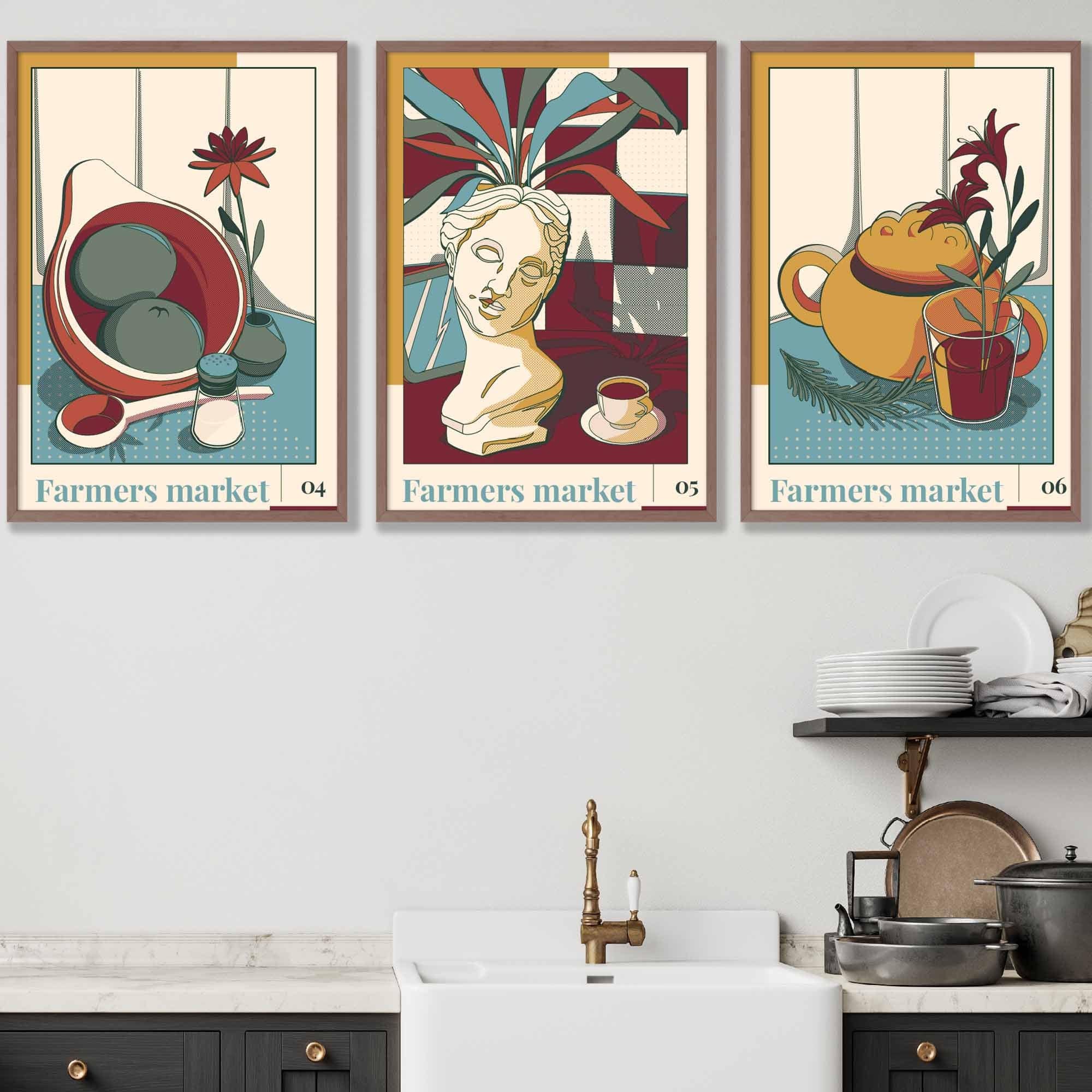 Set of 3 FRAMED Damson Red and Blue Farmers Market Kitchen Wall Art 2 | Artze Wall Art UK