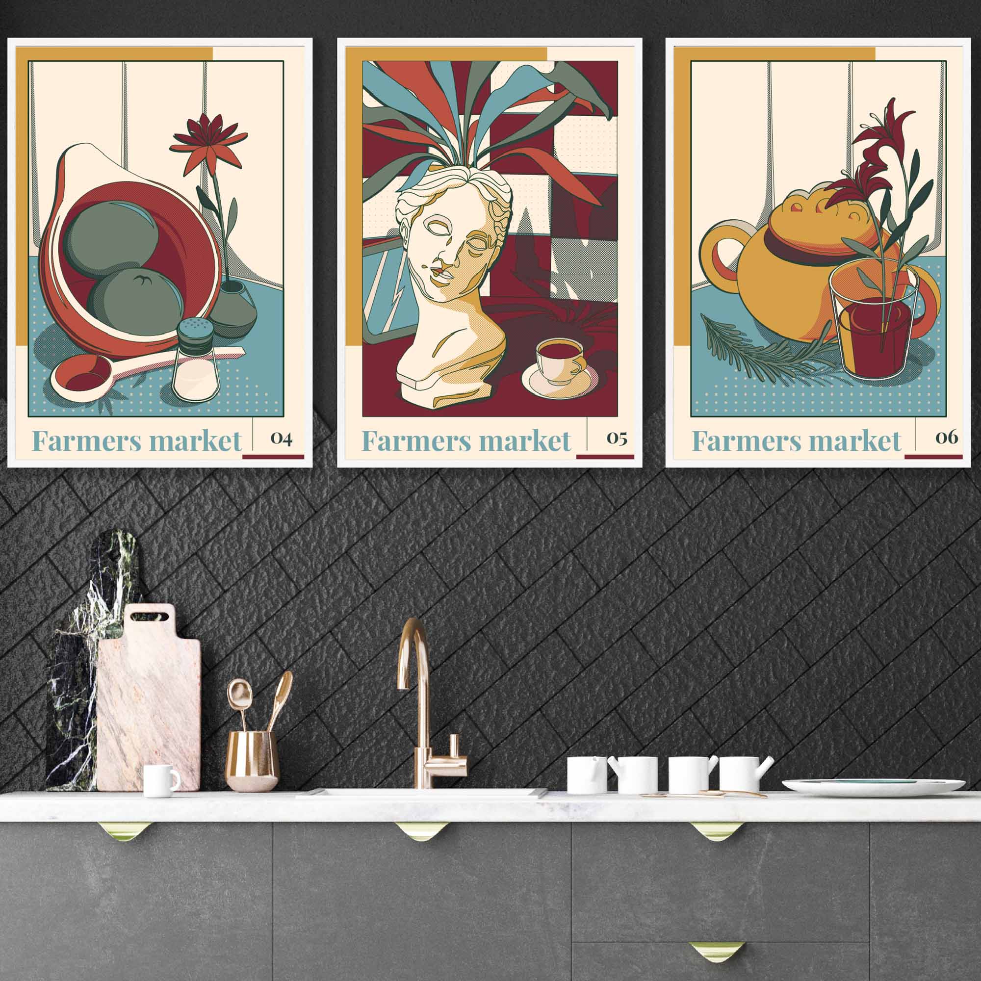Set of 3 FRAMED Damson Red and Blue Farmers Market Kitchen Wall Art 2 | Artze Wall Art UK