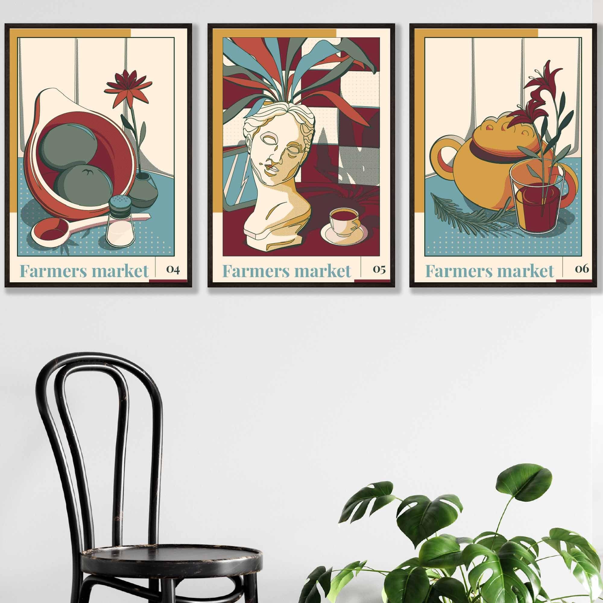 Set of 3 FRAMED Damson Red and Blue Farmers Market Kitchen Wall Art 2 | Artze Wall Art UK