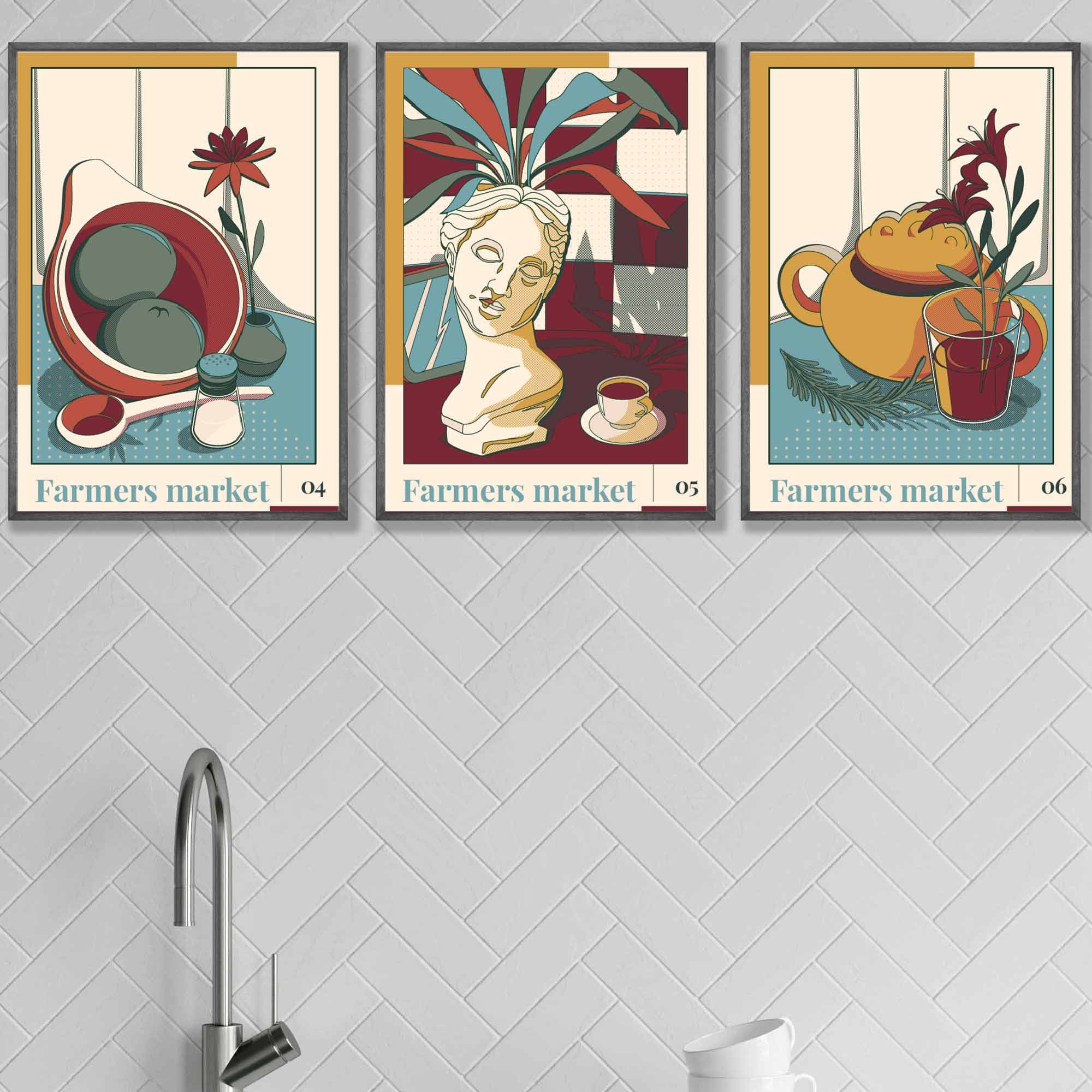 Set of 3 Contemporary Plum Red and Blue Farmers Market Kitchen Wall Art 2