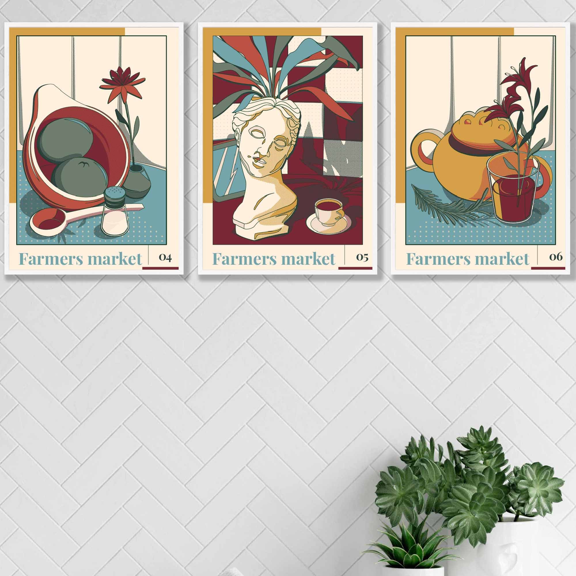 Set of 3 Contemporary Plum Red and Blue Farmers Market Kitchen Wall Art 2