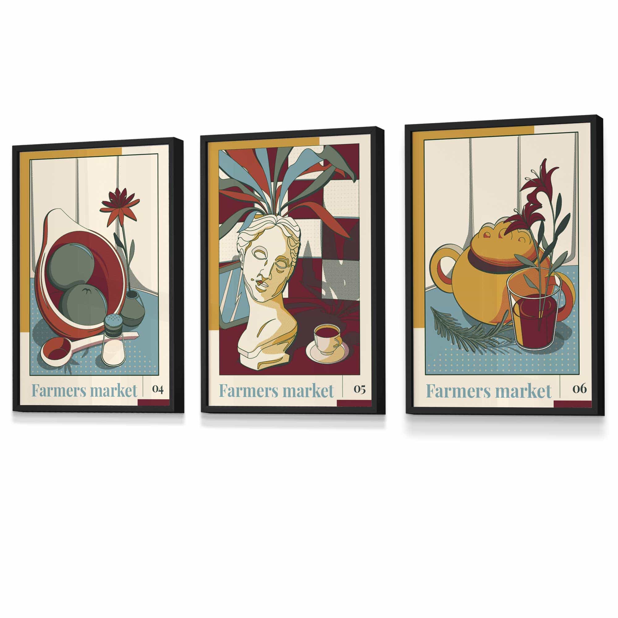 Set of 3 FRAMED Damson Red and Blue Farmers Market Kitchen Wall Art 2 | Artze Wall Art UK