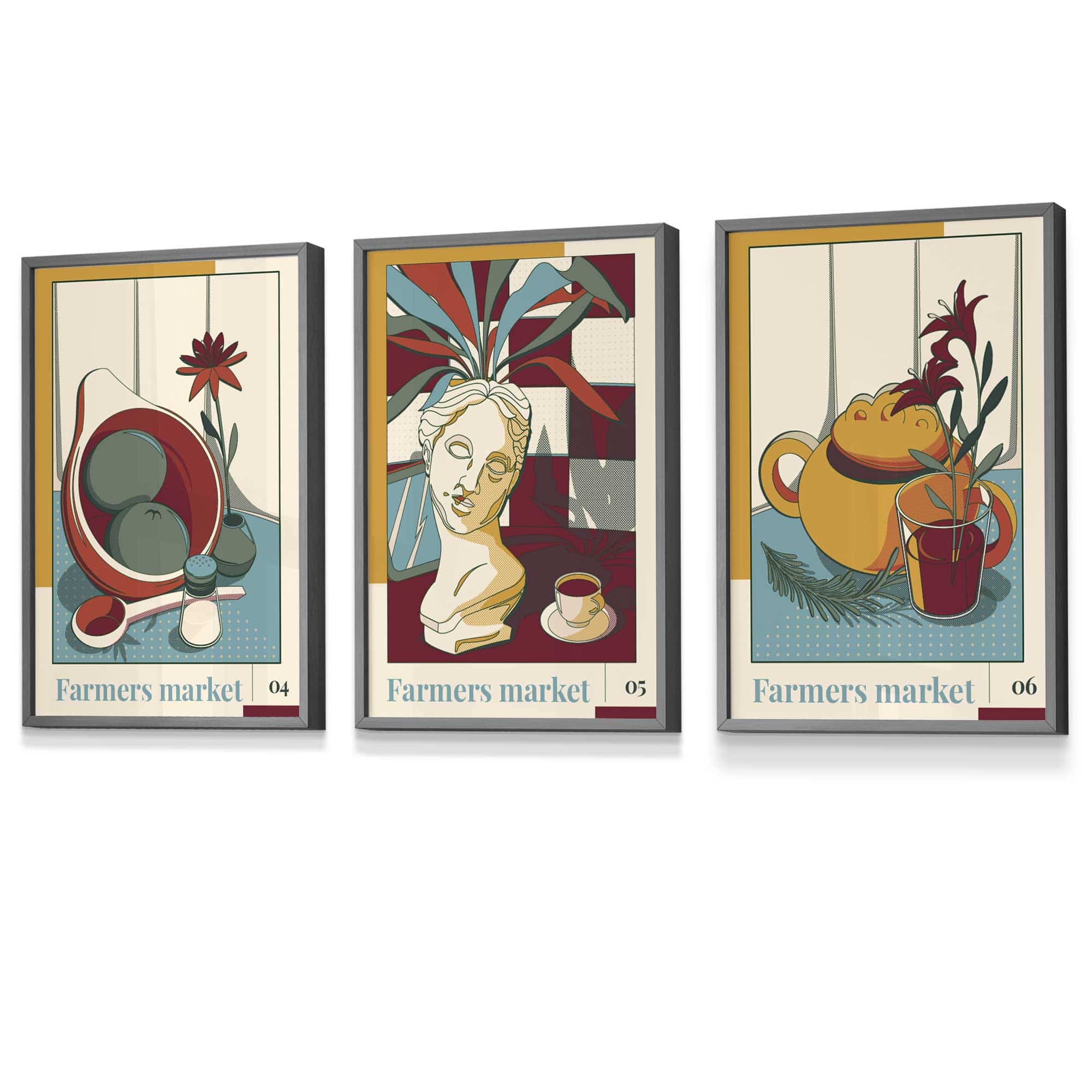 Set of 3 FRAMED Damson Red and Blue Farmers Market Kitchen Wall Art 2 | Artze Wall Art UK