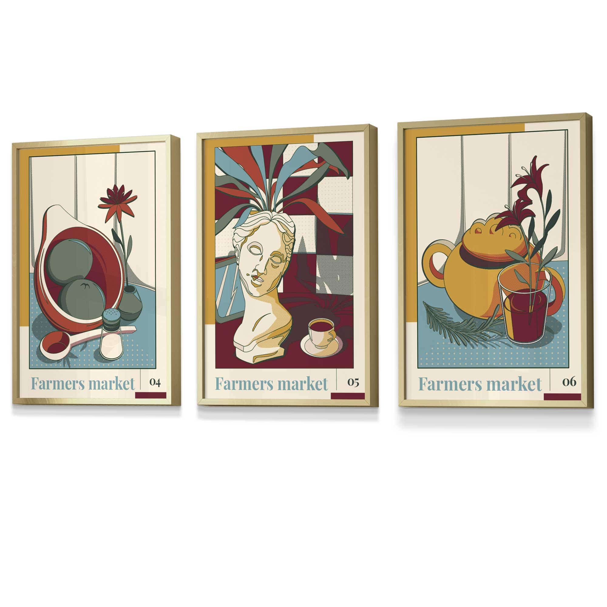 Set of 3 FRAMED Damson Red and Blue Farmers Market Kitchen Wall Art 2 | Artze Wall Art UK