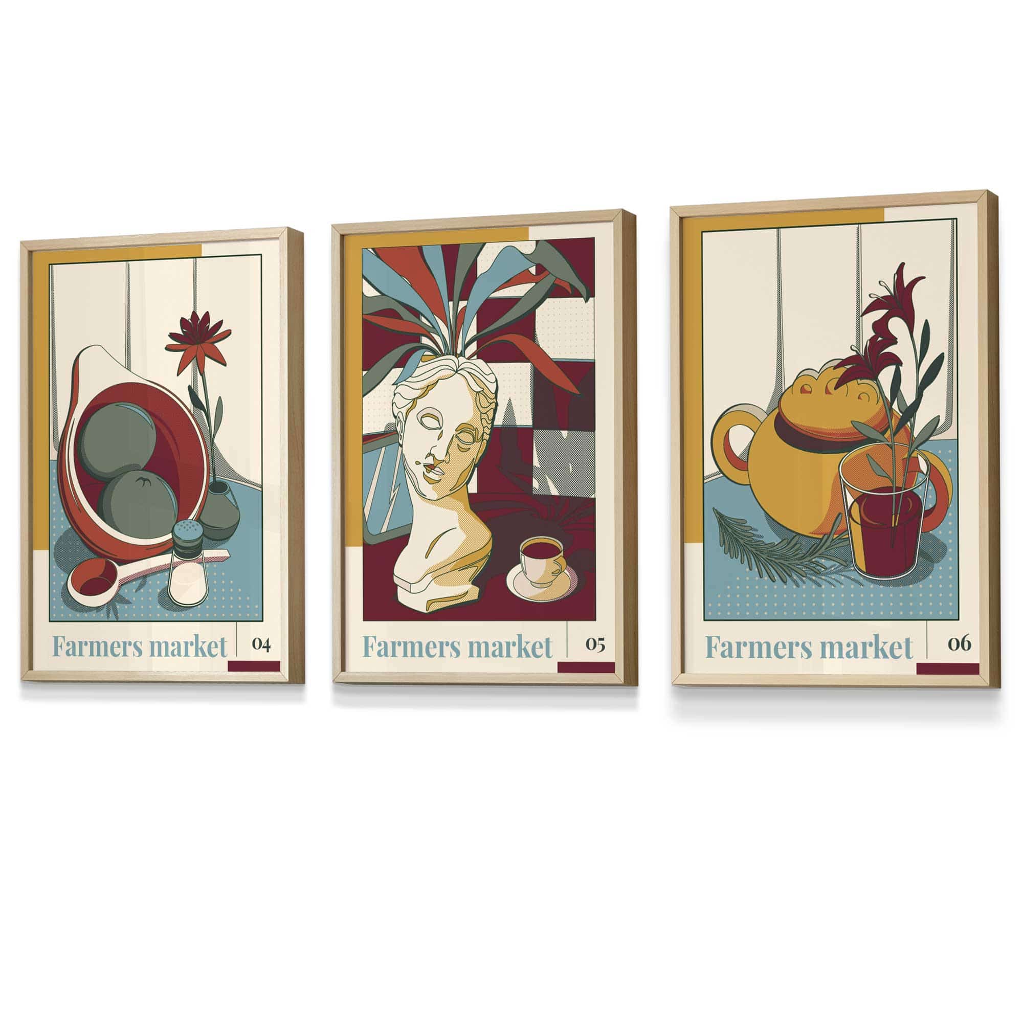 Set of 3 FRAMED Damson Red and Blue Farmers Market Kitchen Wall Art 2 | Artze Wall Art UK