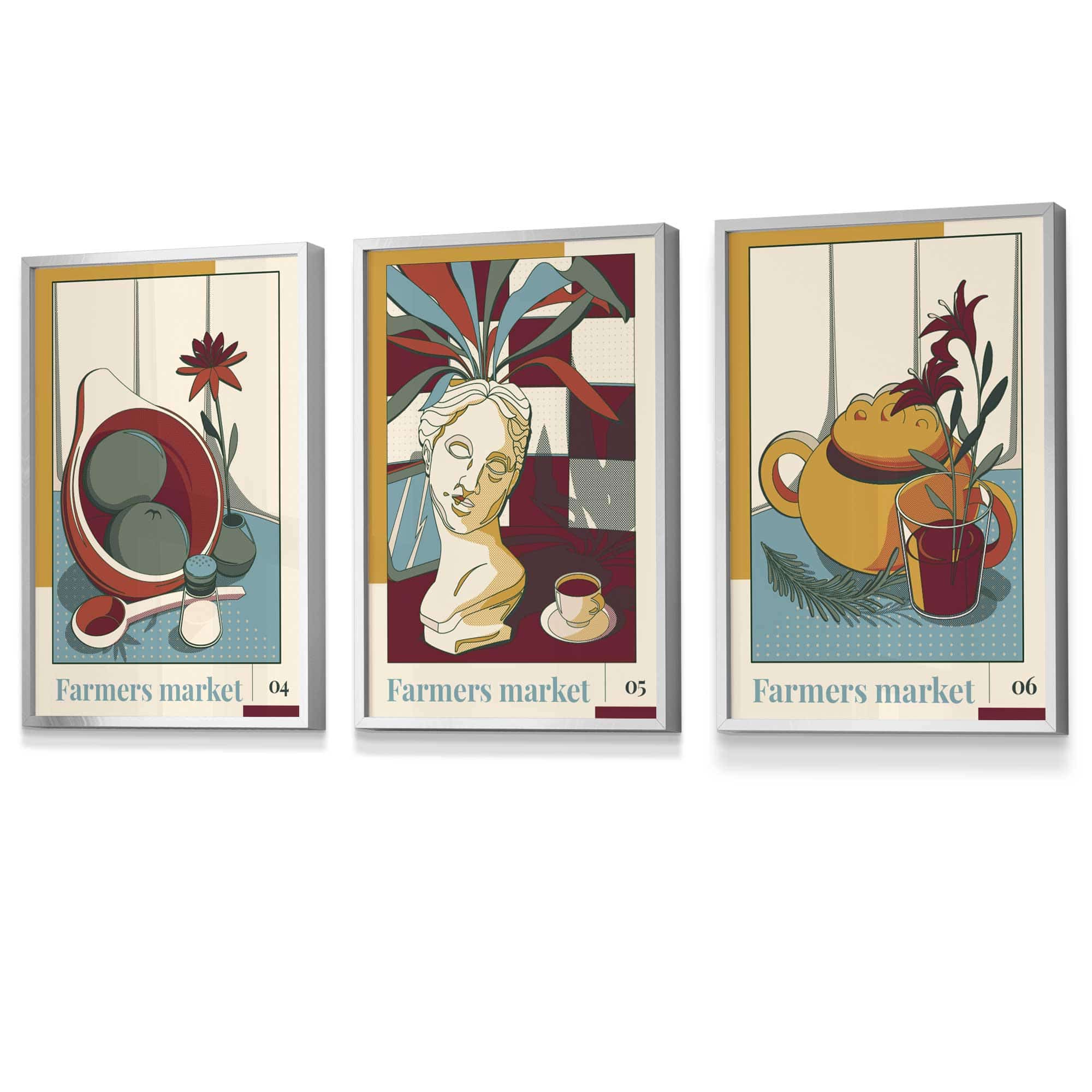 Set of 3 FRAMED Damson Red and Blue Farmers Market Kitchen Wall Art 2 | Artze Wall Art UK