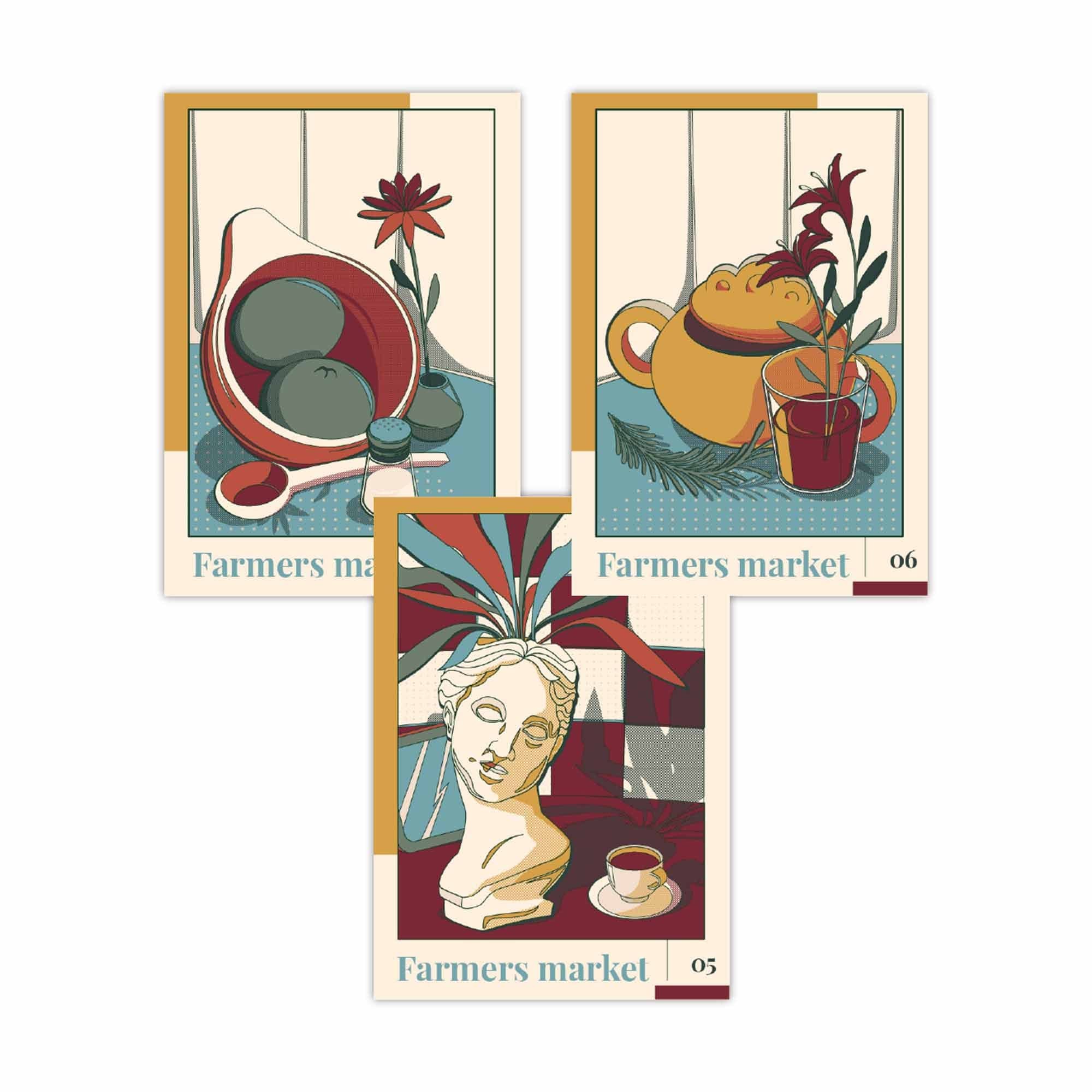 Set of 3 Contemporary Plum Red and Blue Farmers Market Kitchen Wall Art 2