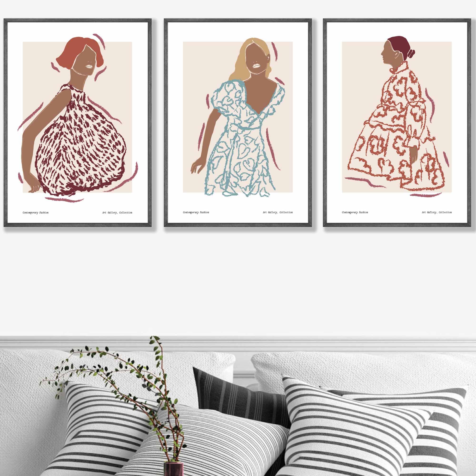 Fashion Figures Sketched Wall Art Prints in Damson Red, Blue and Yellow