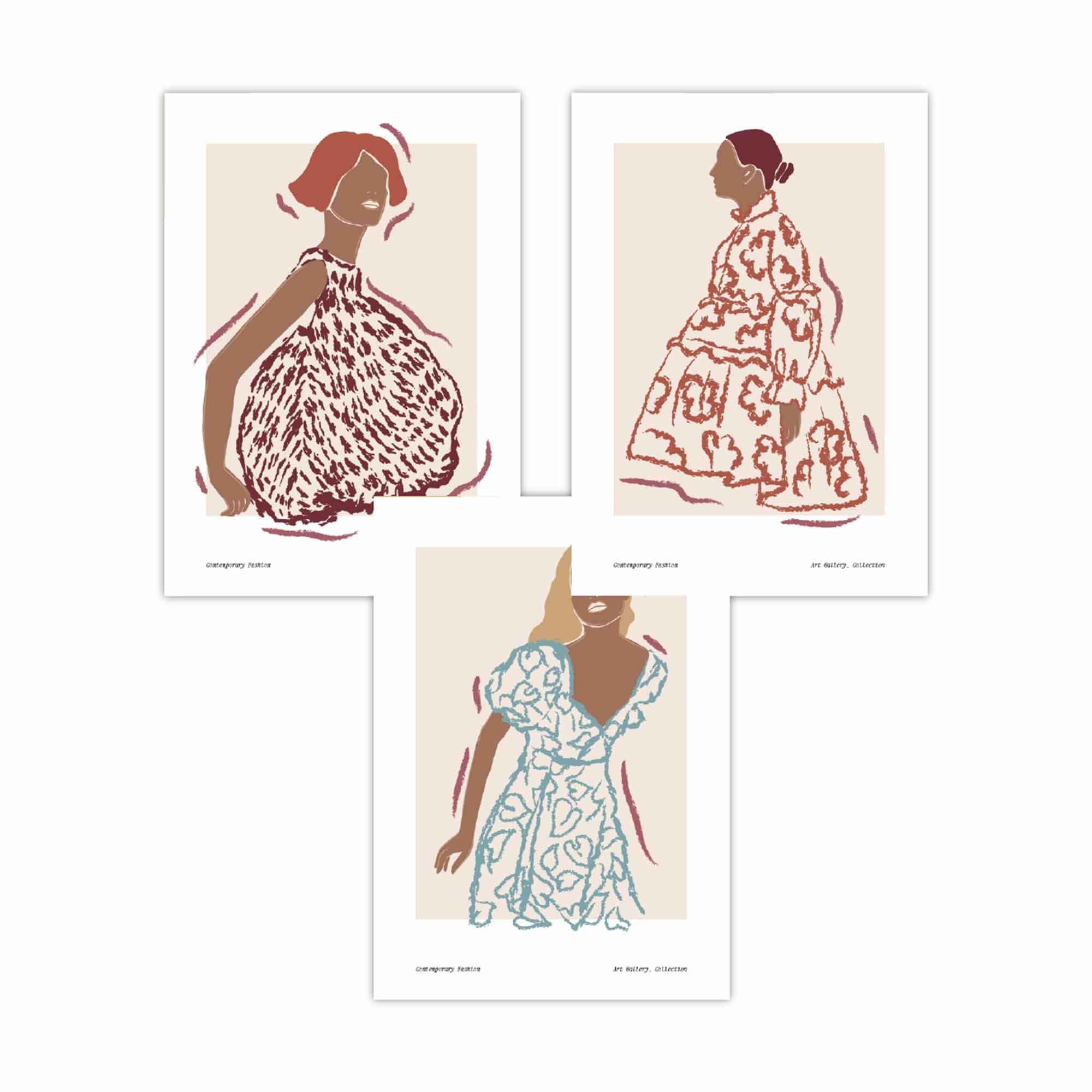 Fashion Figures Sketched Wall Art Prints in Damson Red, Blue and Yellow
