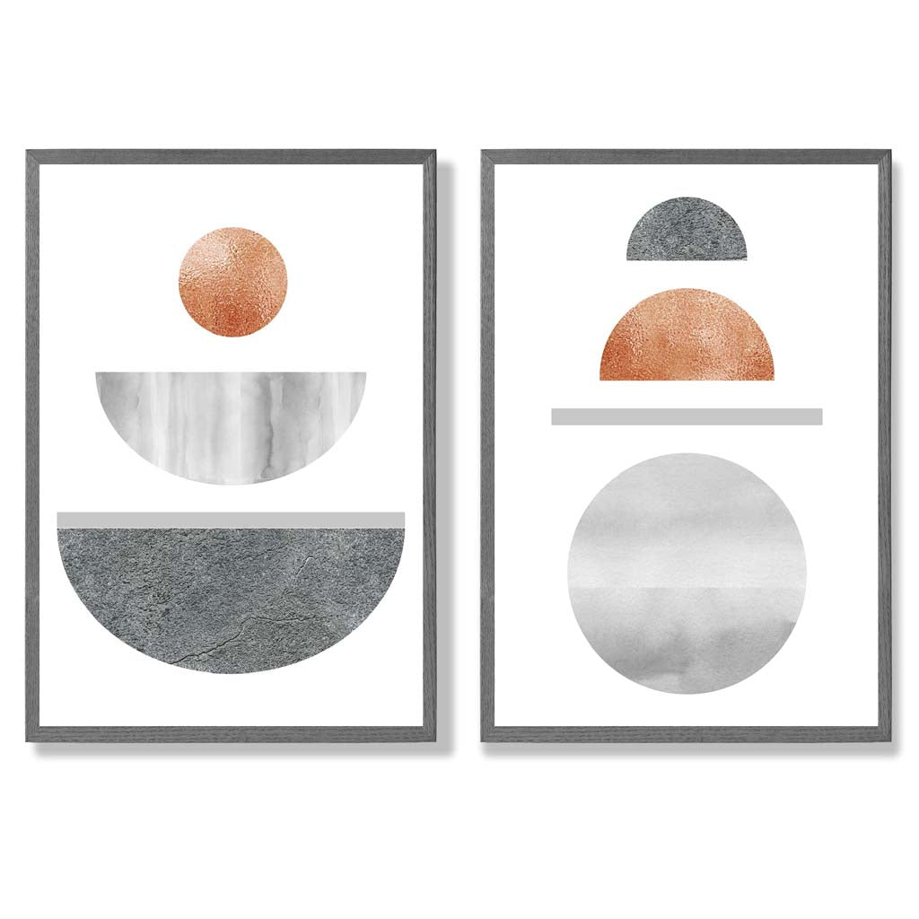 Mid Century Modern Copper and Grey Set of 2 Art Prints with Dark Grey Frame