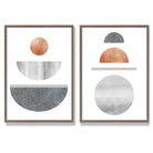 Mid Century Modern Copper and Grey Set of 2 Art Prints with Walnut Frame