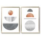 Mid Century Modern Copper and Grey Set of 2 Art Prints with Gold Frame
