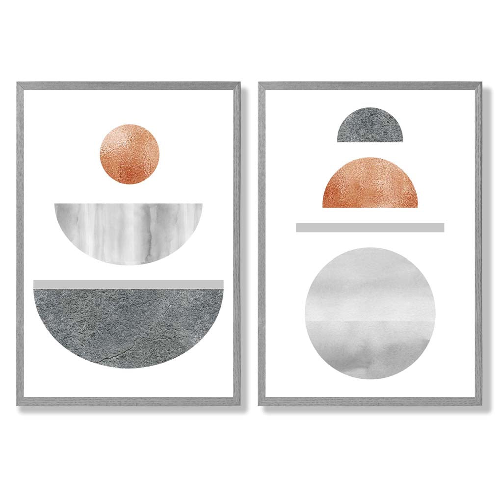 Mid Century Modern Copper and Grey Set of 2 Art Prints with Light Grey Frame