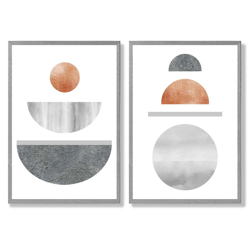 Mid Century Modern Copper and Grey Set of 2 Art Prints with Light Grey Frame