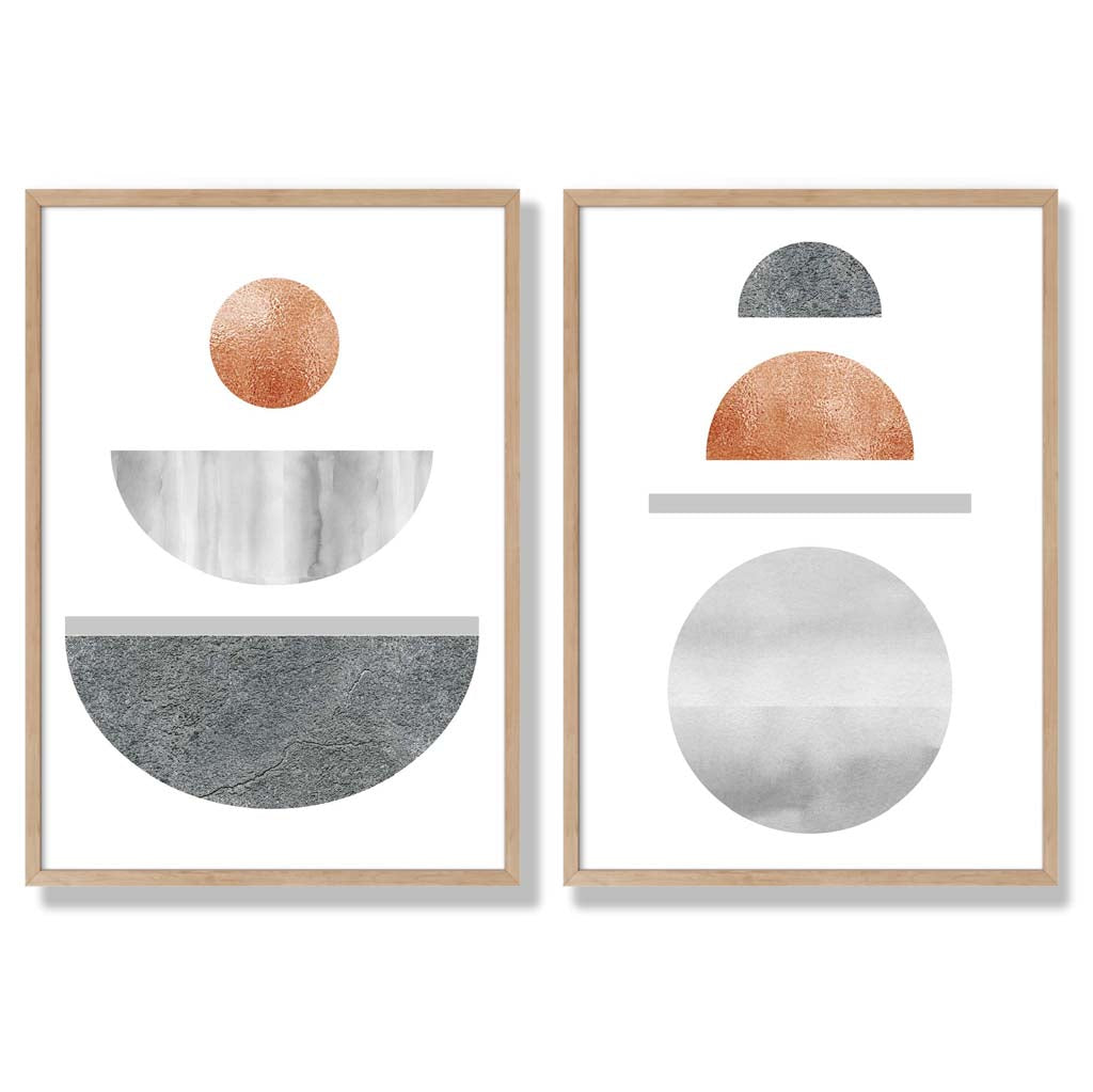 Mid Century Modern Copper and Grey Set of 2 Art Prints with Oak Frame