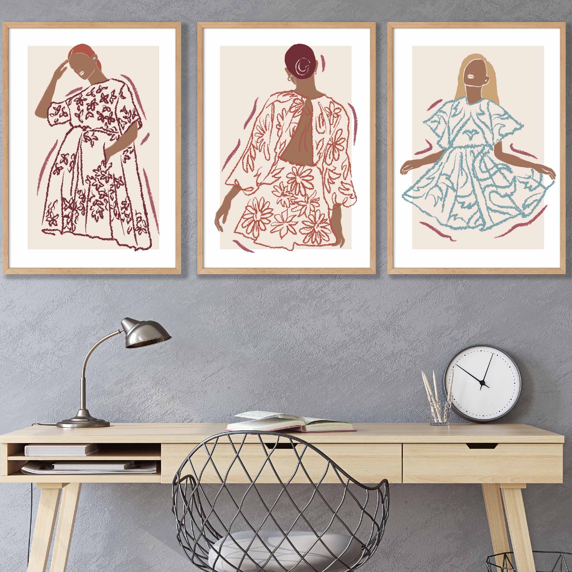 Sketch Fashion Models Wall Art Prints in Damson Red, Blue and Yellow