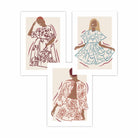 Sketch Fashion Models Wall Art Prints in Damson Red, Blue and Yellow
