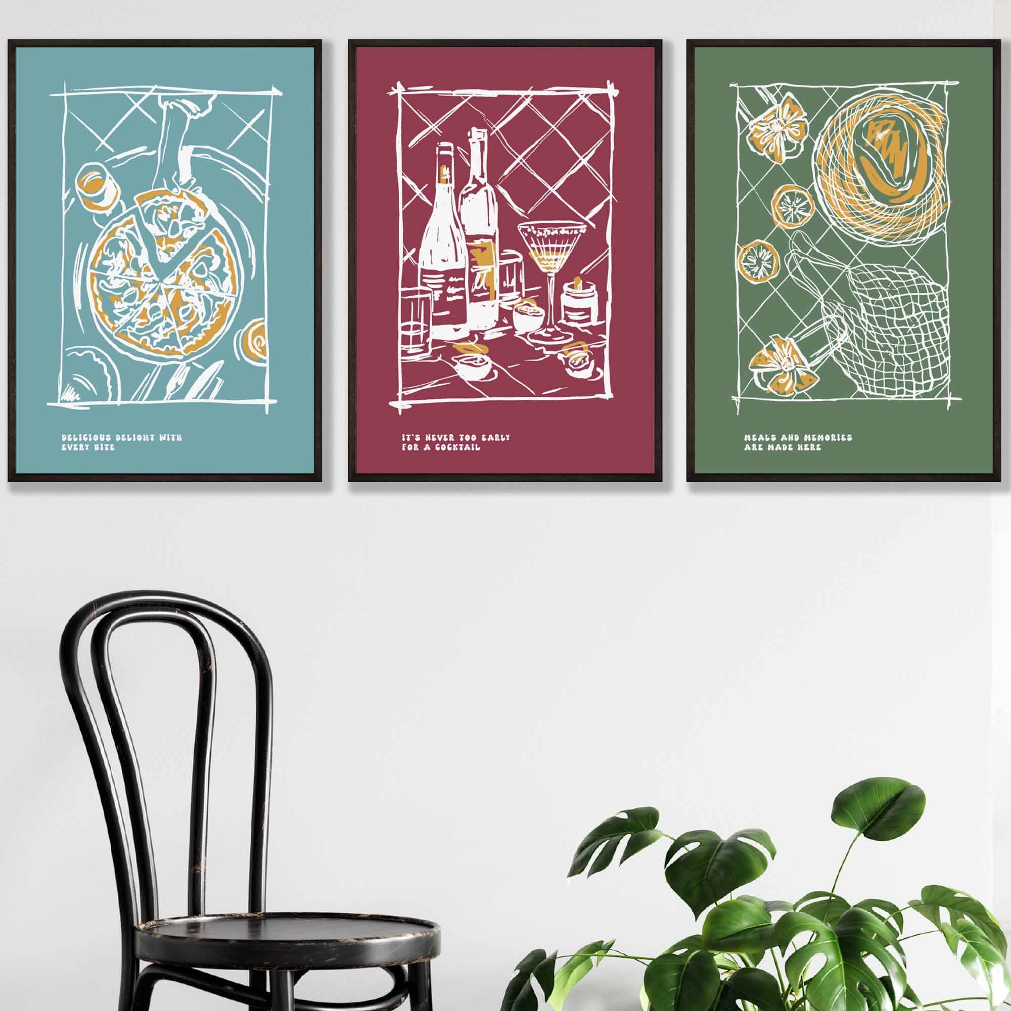 Set of 3 Sketch Line Art Kitchen Quote Prints in Autumn Colours