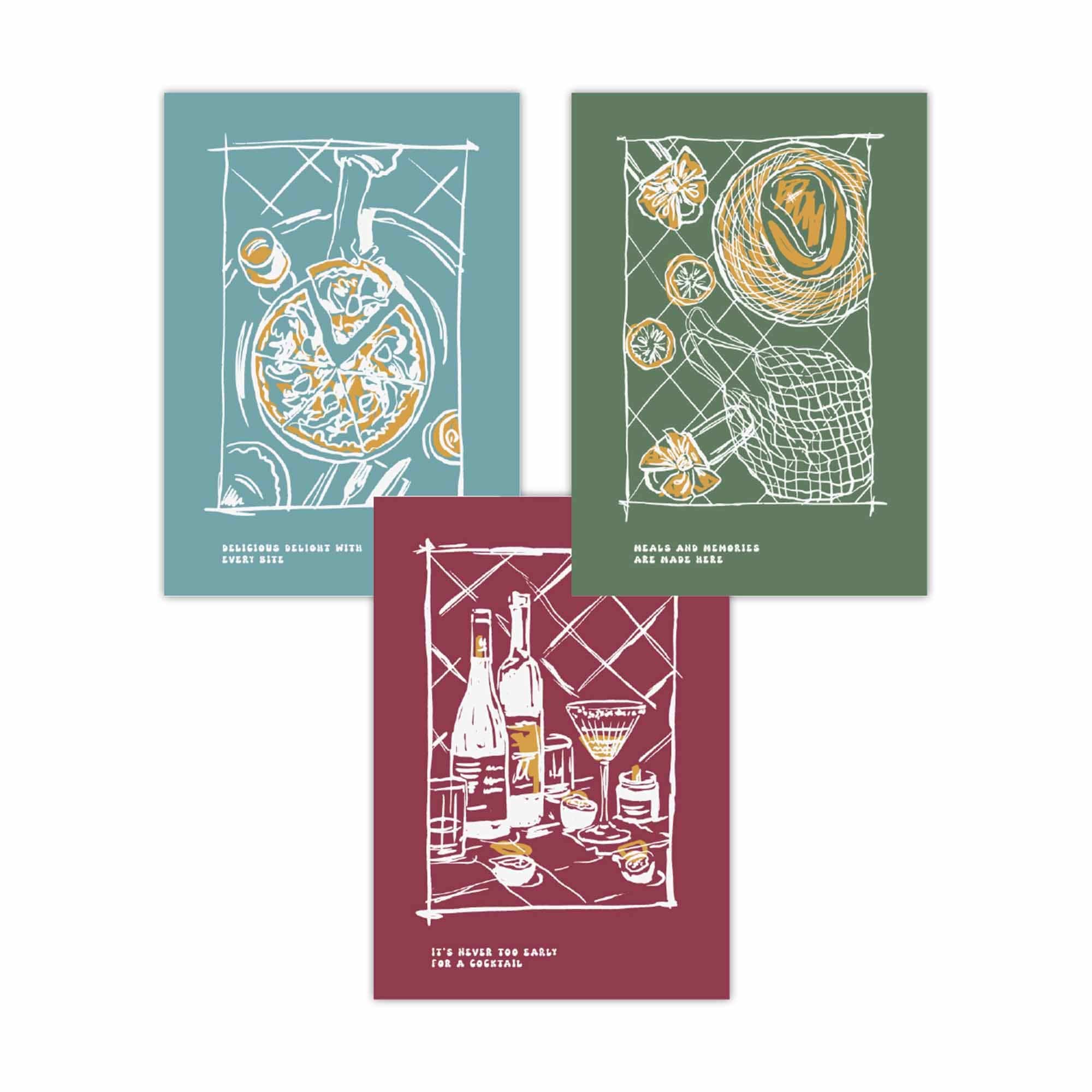 Set of 3 Sketch Line Art Kitchen Quote Prints in Autumn Colours