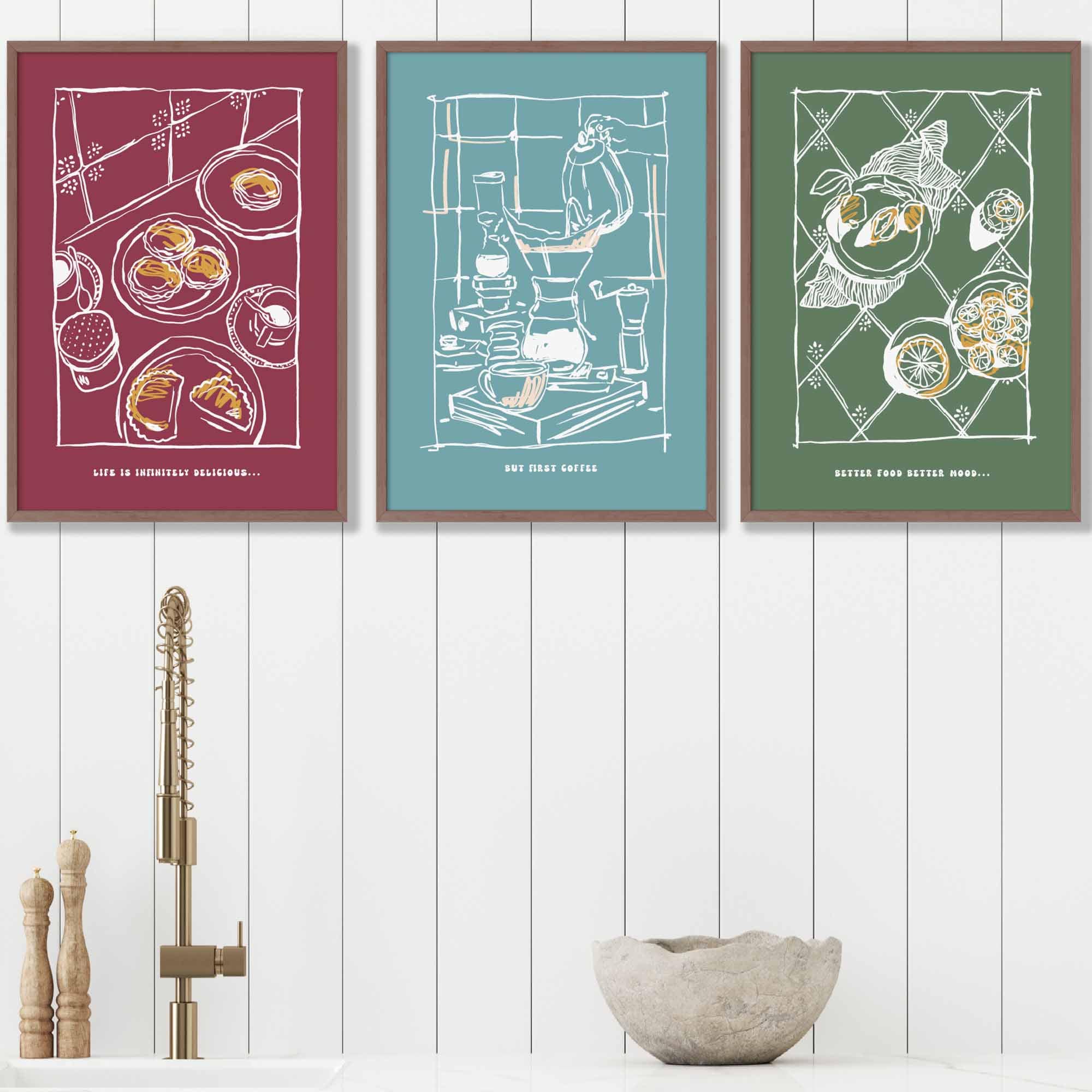 Set of 3 Sketch Line Art Kitchen Quote Prints in Red Blue Green