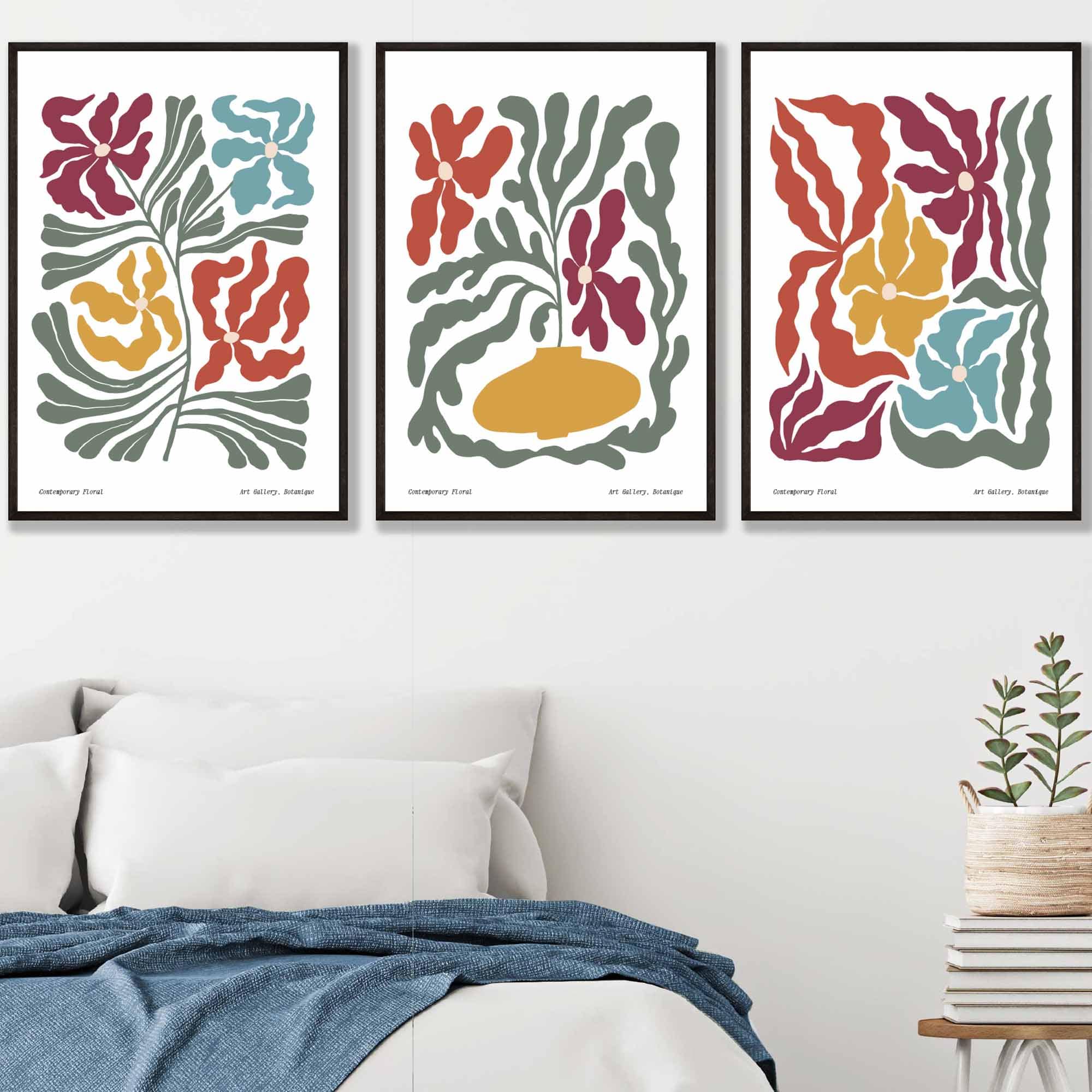Set of 3 Contemporary Boho Floral FRAMED Wall Art in Bright Spring Colours | Artze Wall Art UK