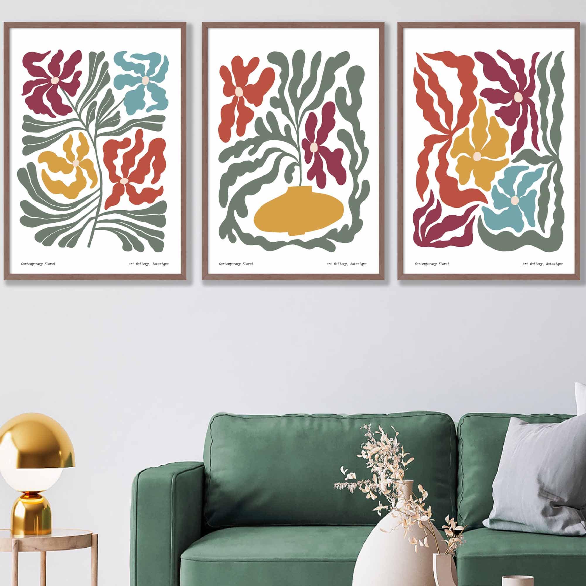 Set of 3 Contemporary Boho Floral Wall Art in Bright Spring Colours