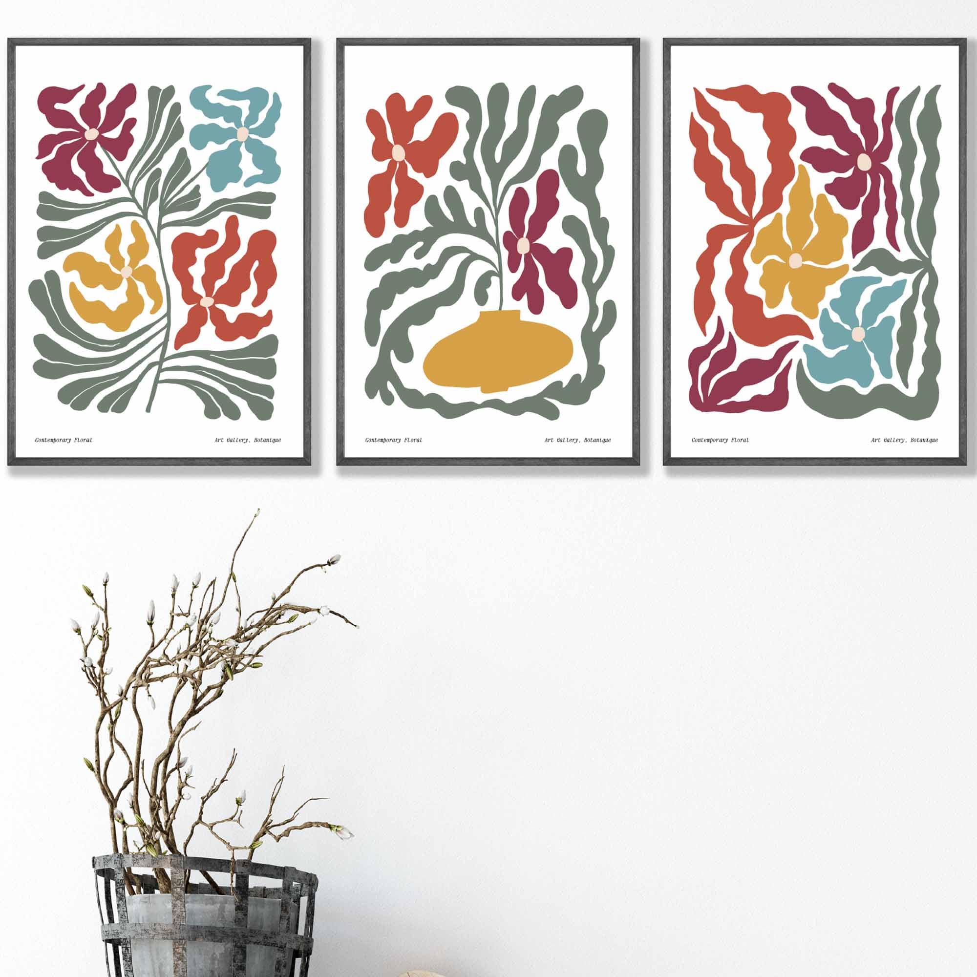 Set of 3 Contemporary Boho Floral Wall Art in Bright Spring Colours