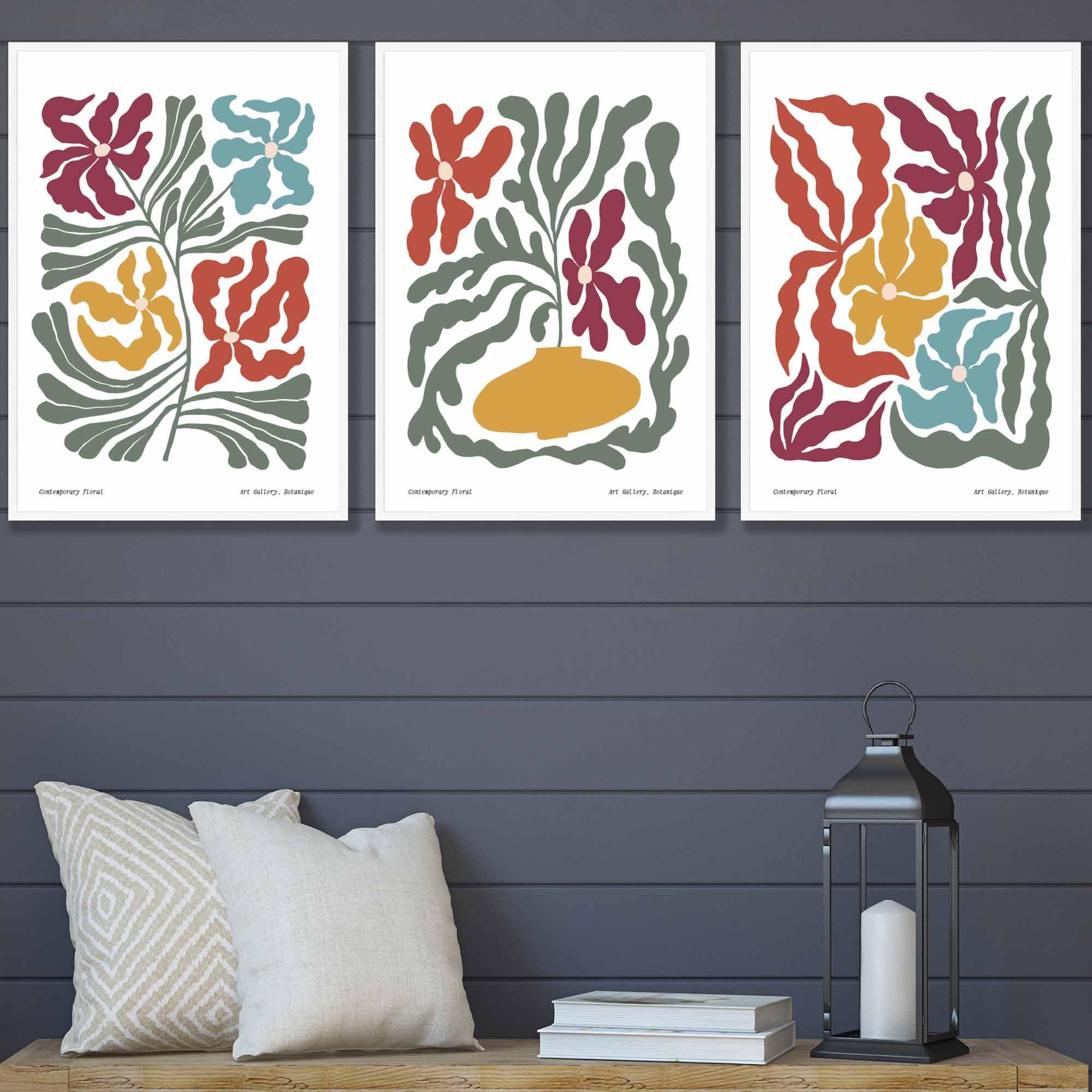 Set of 3 Contemporary Boho Floral Wall Art in Bright Spring Colours