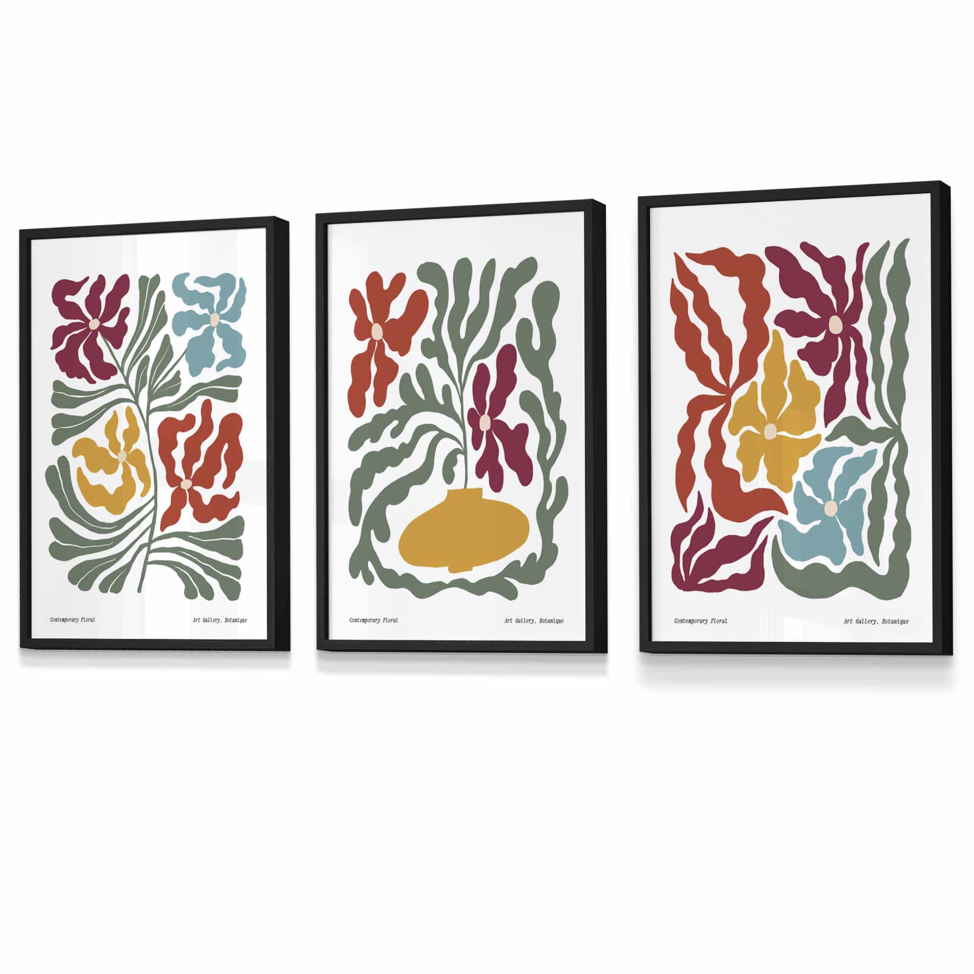 Set of 3 Contemporary Boho Floral FRAMED Wall Art in Bright Spring Colours | Artze Wall Art UK