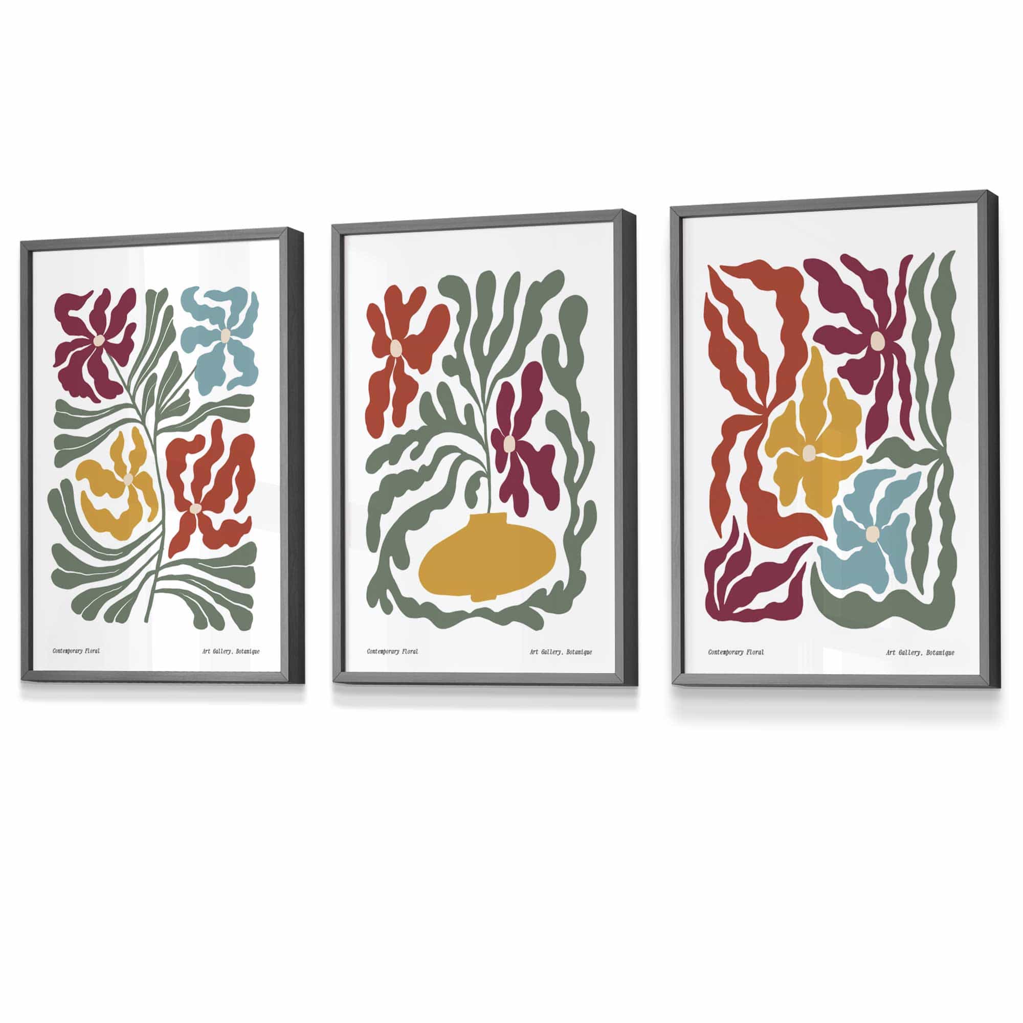 Set of 3 Contemporary Boho Floral FRAMED Wall Art in Bright Spring Colours | Artze Wall Art UK